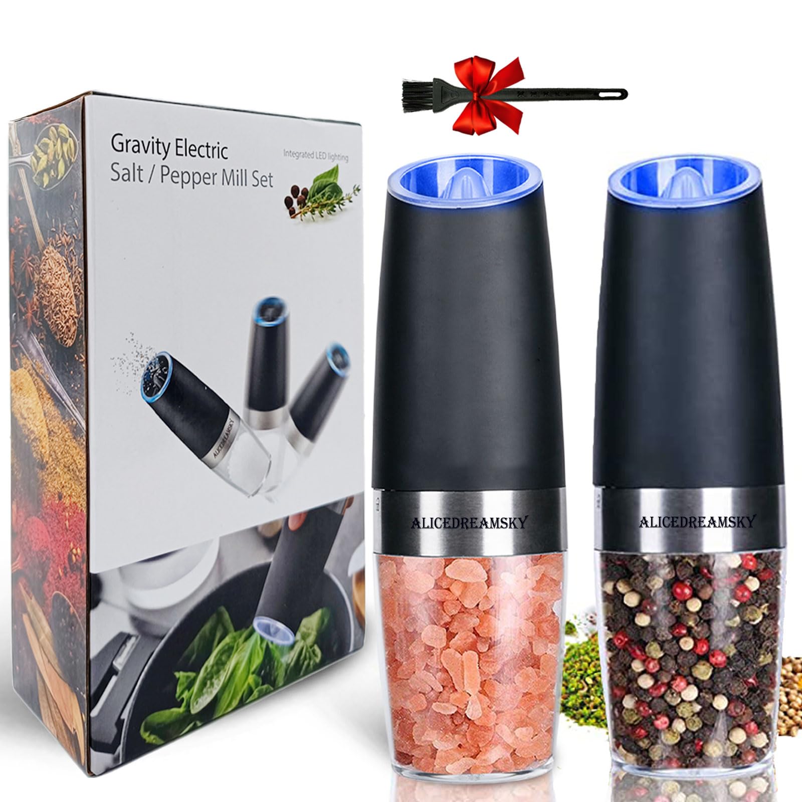 2 Pack Automatic Battery-Powered Gravity Electric Salt and Pepper Grinder Set - Adjustable Coarseness with Blue LED Light, One-Hand Operation for Kitchen, Dining Table & Outdoor Cooking
