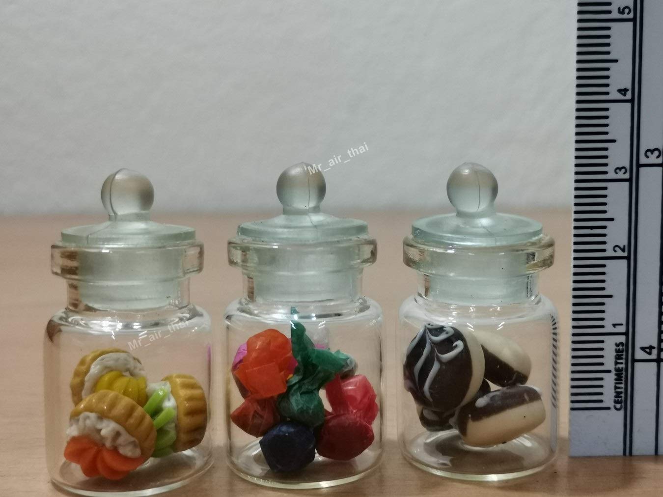 3pc Miniature Food Set - Chocolate Cake, Candy Cookie, Donut in Clear Glass Bottles for Dollhouse & Diorama Decor - Perfect for Miniature Displays, Fairy Gardens & DIY Crafts #MF093