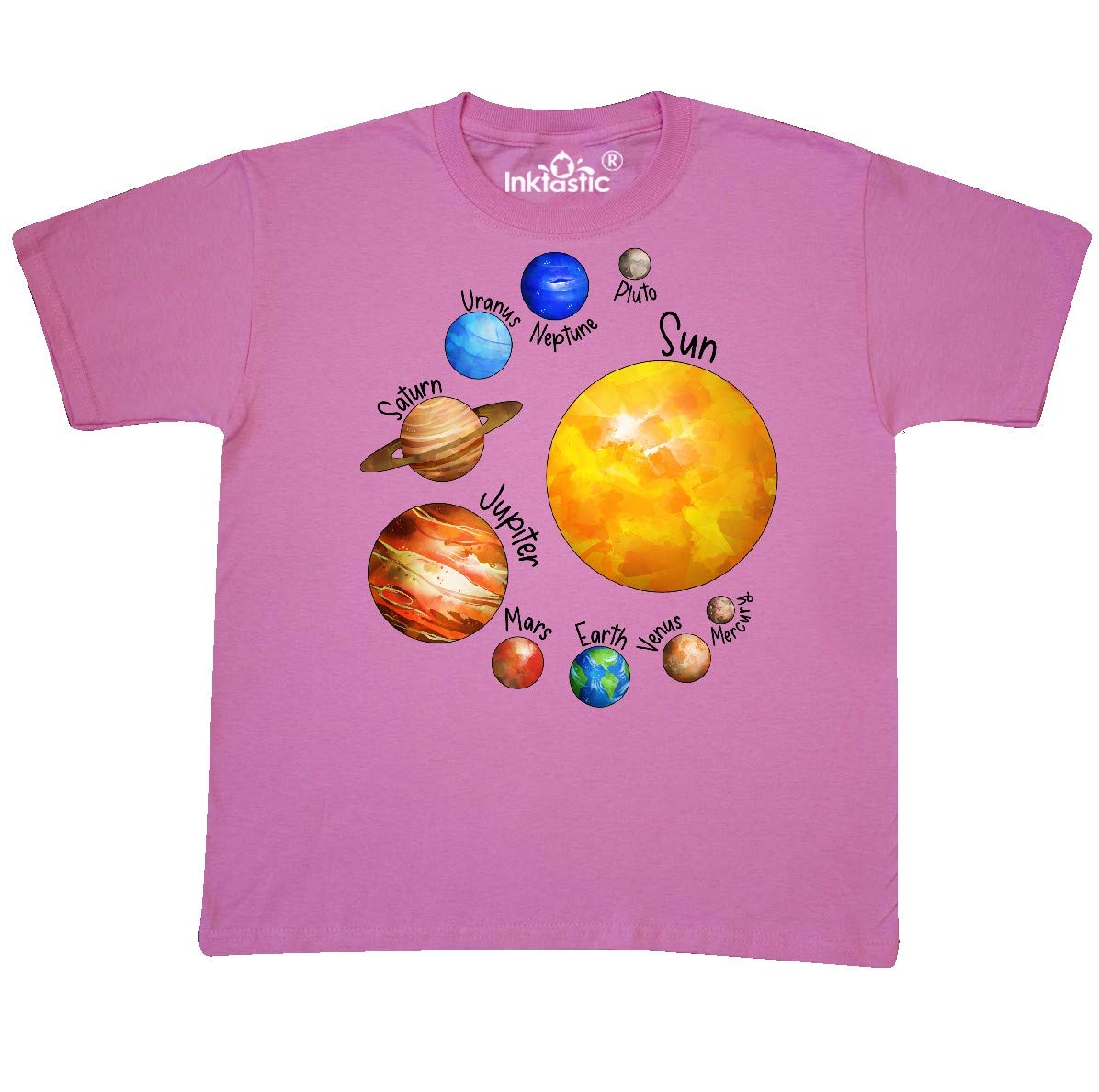 Inktastic Sun and Planets - Yes, and Pluto Youth T-Shirt | Space-Themed Kids T-Shirt for Astronomy Lovers | Perfect for School, Birthday Parties & Science Events