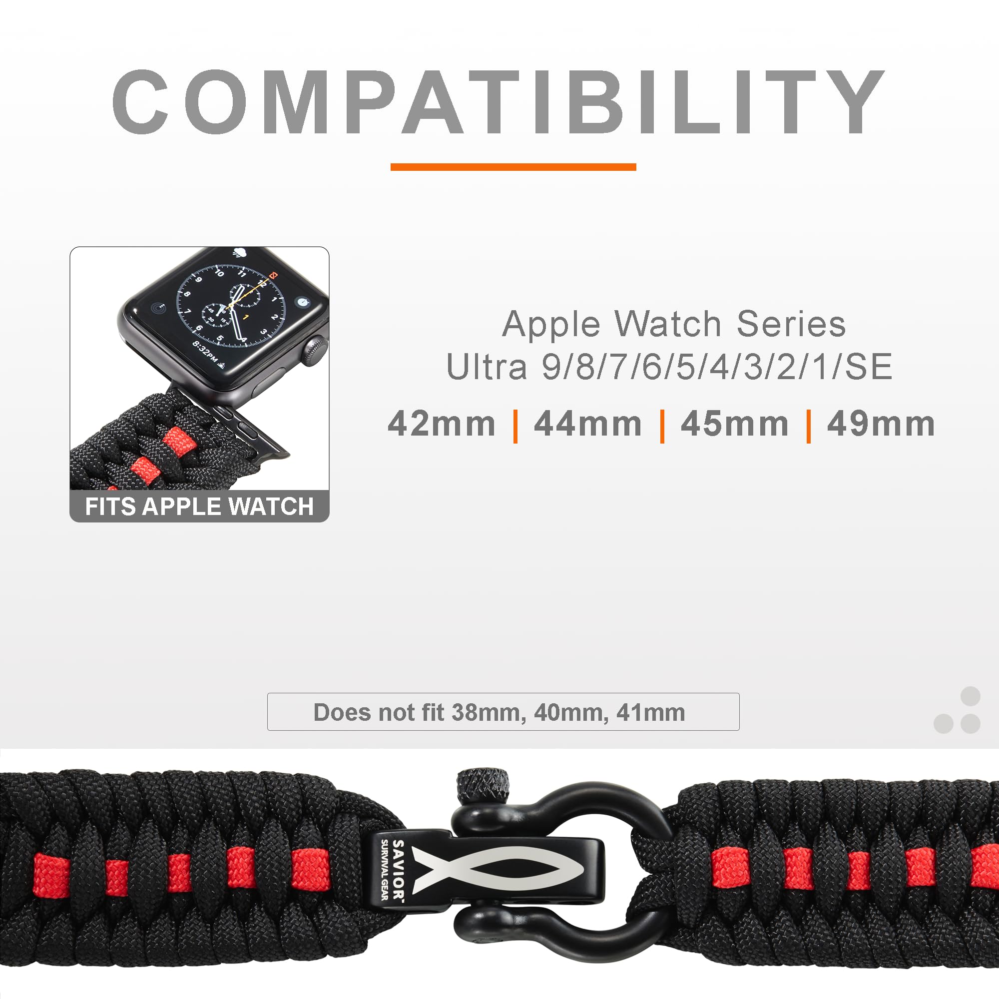 Savior Survival Gear Paracord Watch Band - Compatible with Apple Watch Series 42mm 44mm 45mm 49mm, 550 Paracord & Stainless Steel Shackle for Men & Women (Black/Red, Large) - Perfect for Outdoor Adventures, Hiking, Camping & Emergency Survival