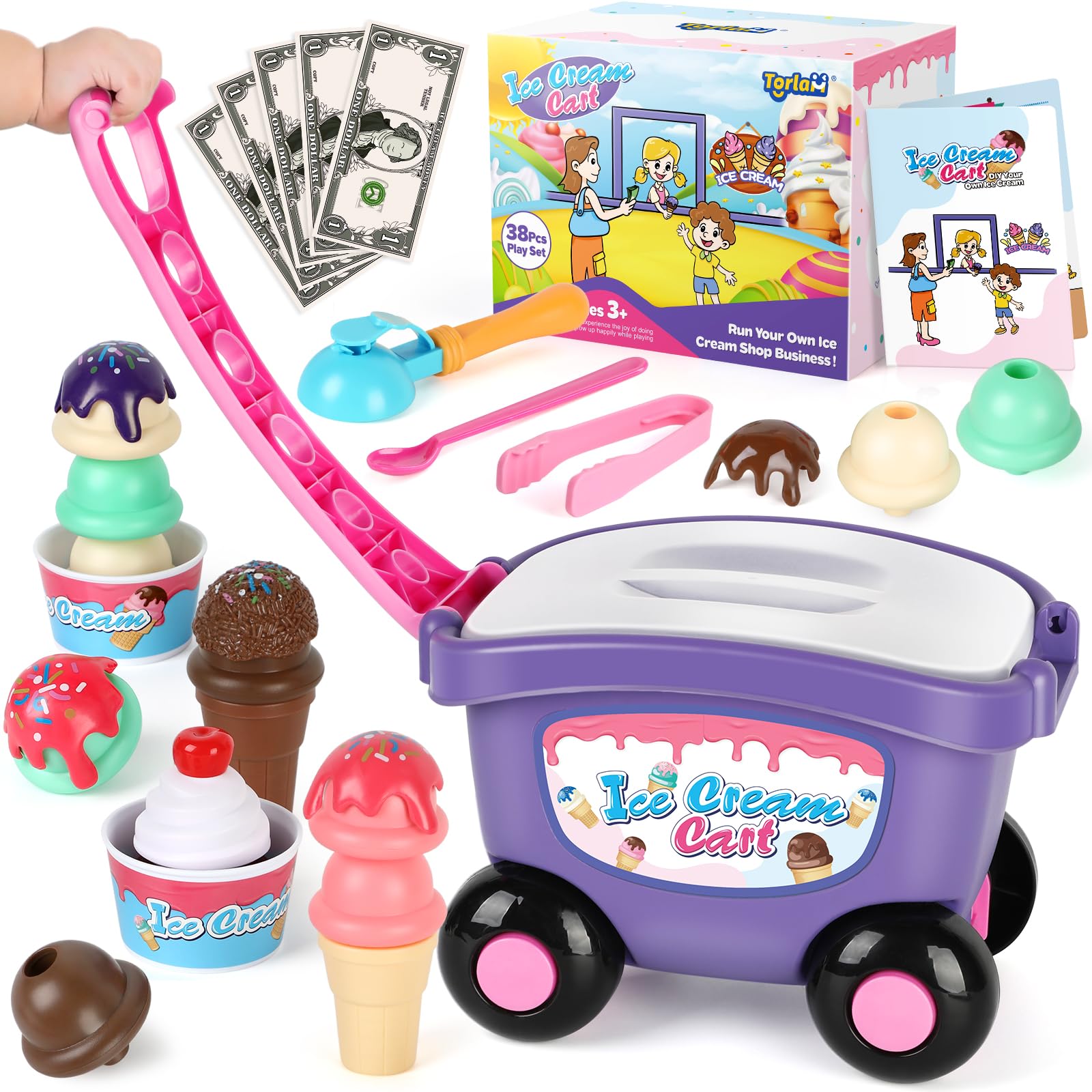 Torlam Kids Pretend Play Ice Cream Cart Toy Set - Interactive Ice Cream Shop Counter with Scoop & Cone Maker - Educational Grocery Store Playset for Toddlers Ages 3-6 (Boys & Girls) - Perfect for Birthday Gifts, Role Play & Early Learning Activities