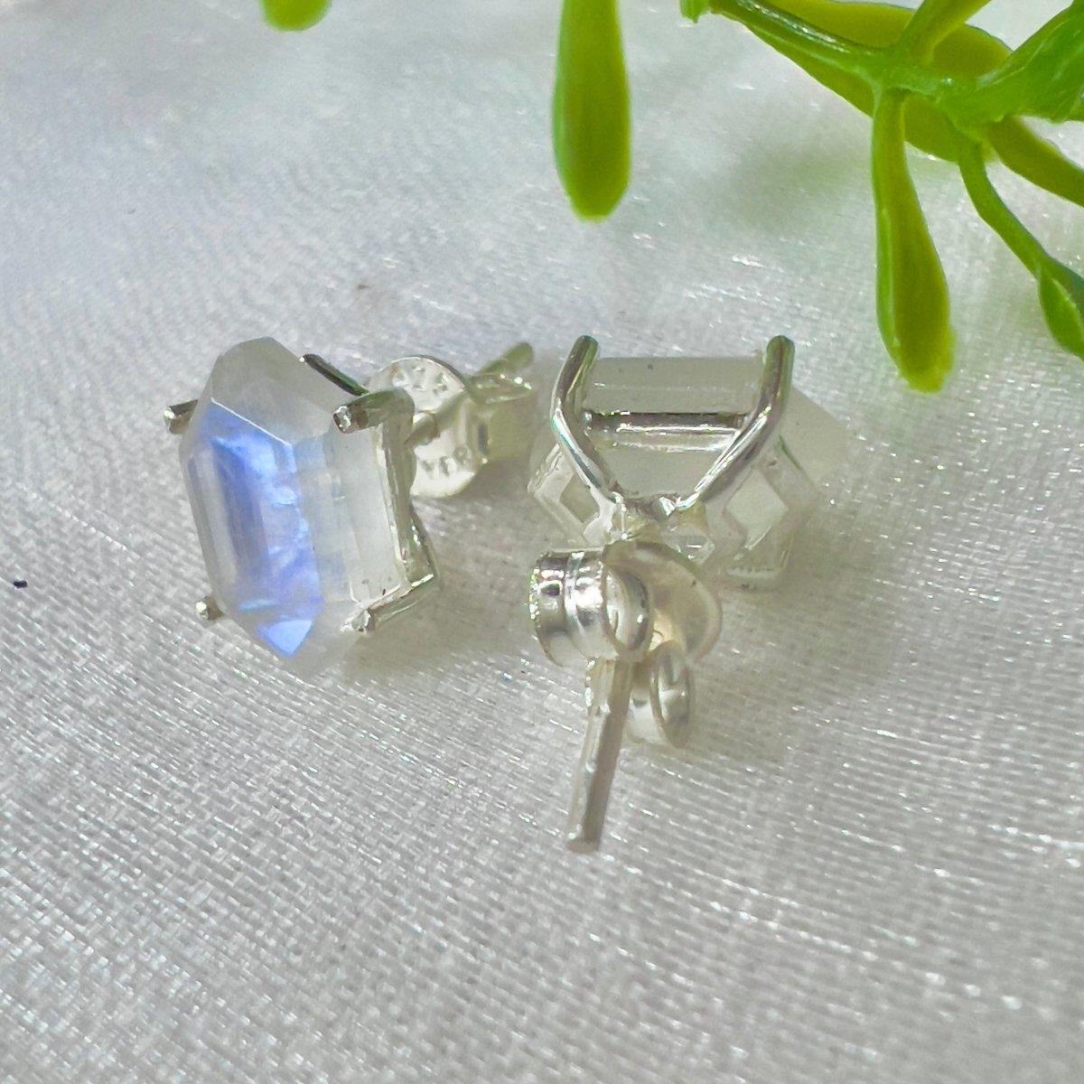 Hexagon Crystal Moonstone Stud Earrings for Women - Elegant Silver Plated Earrings for Daily Wear, Gift Giving & Special Occasions