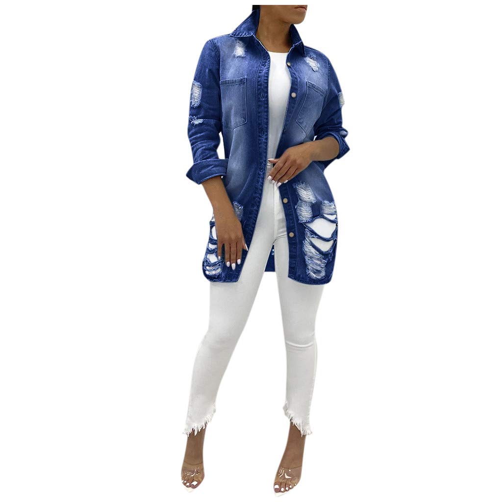 Stylish Women's Denim Jacket with Distressed Holes - Thin Long Casual Jean Jacket for Everyday Wear | Perfect for Outfits, Layering & Street Fashion