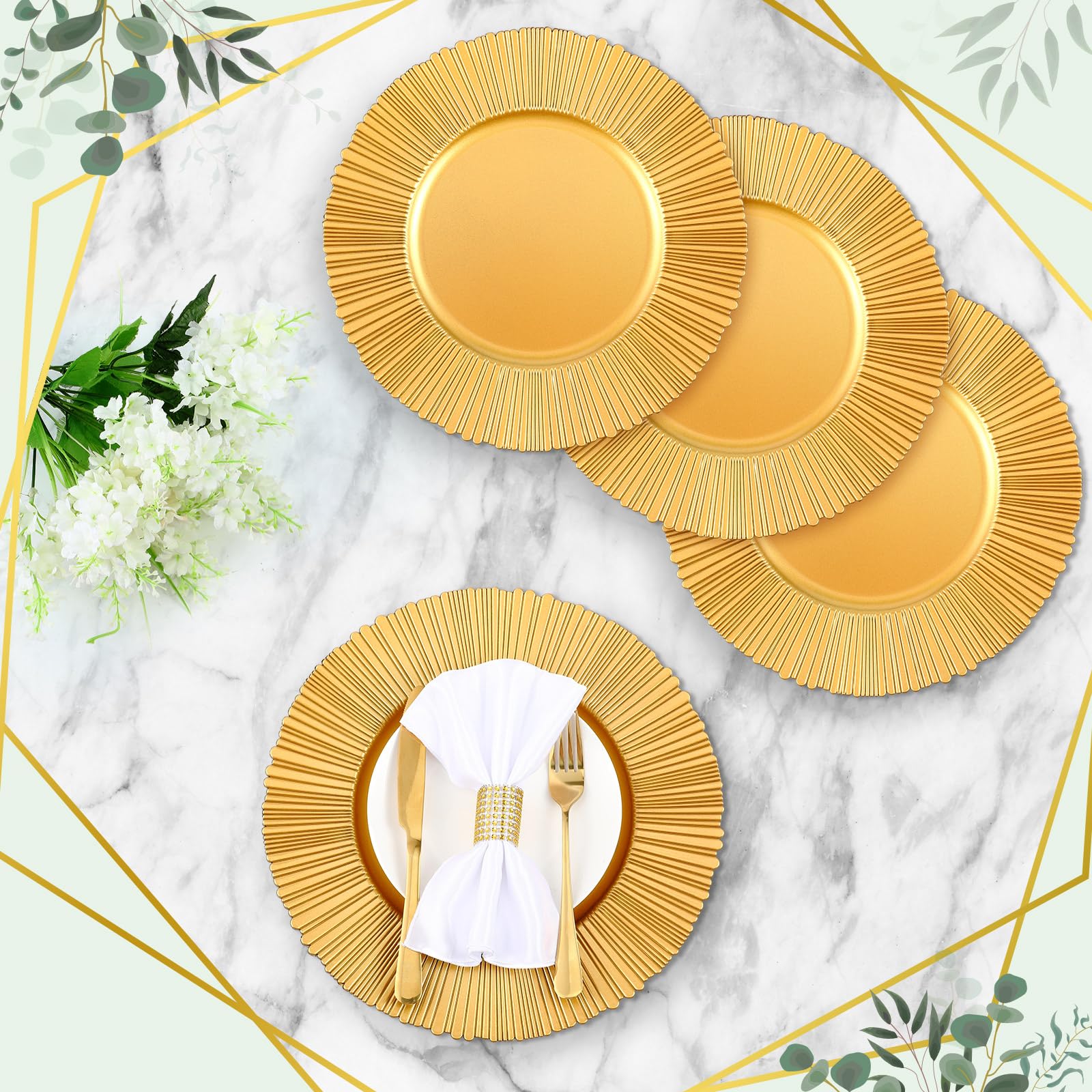 50 Pack 13 Inch Gold Plastic Charger Plates - Elegant Round Dinner Plates for Wedding, Party, Bridal Shower & Table Setting Decor - Bulk Disposable Chargers for Formal Events & Special Occasions