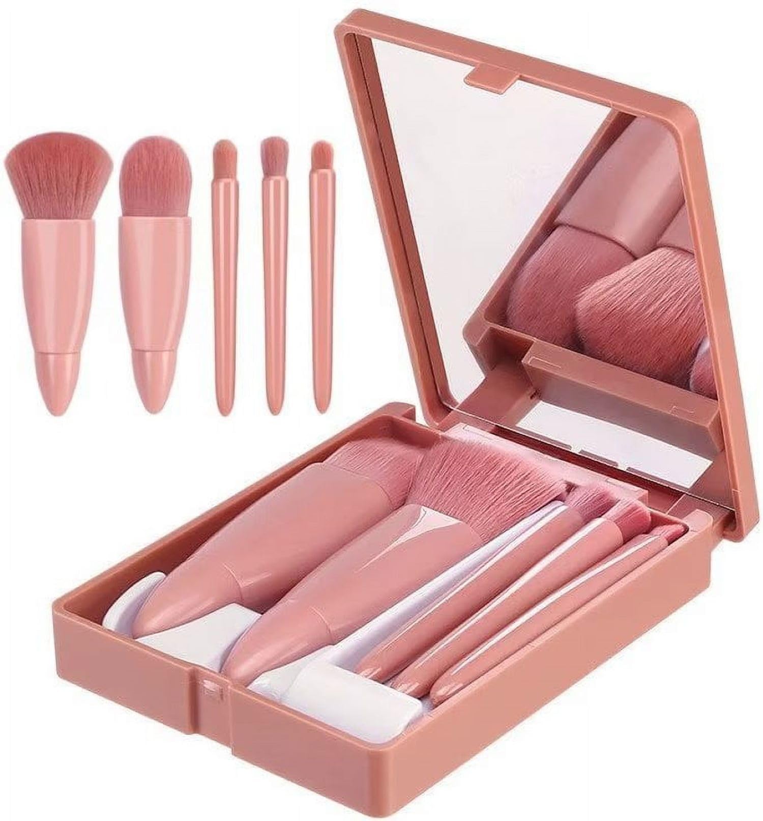 **DRIXTY 5-Piece Professional Makeup Brush Set with Travel Case & Built-in Mirror - Portable Cosmetic Brushes for Eyeshadow, Powder, Foundation, Blush (Assorted Colors) - Perfect for Travel, Home & On-the-Go Makeup Application**