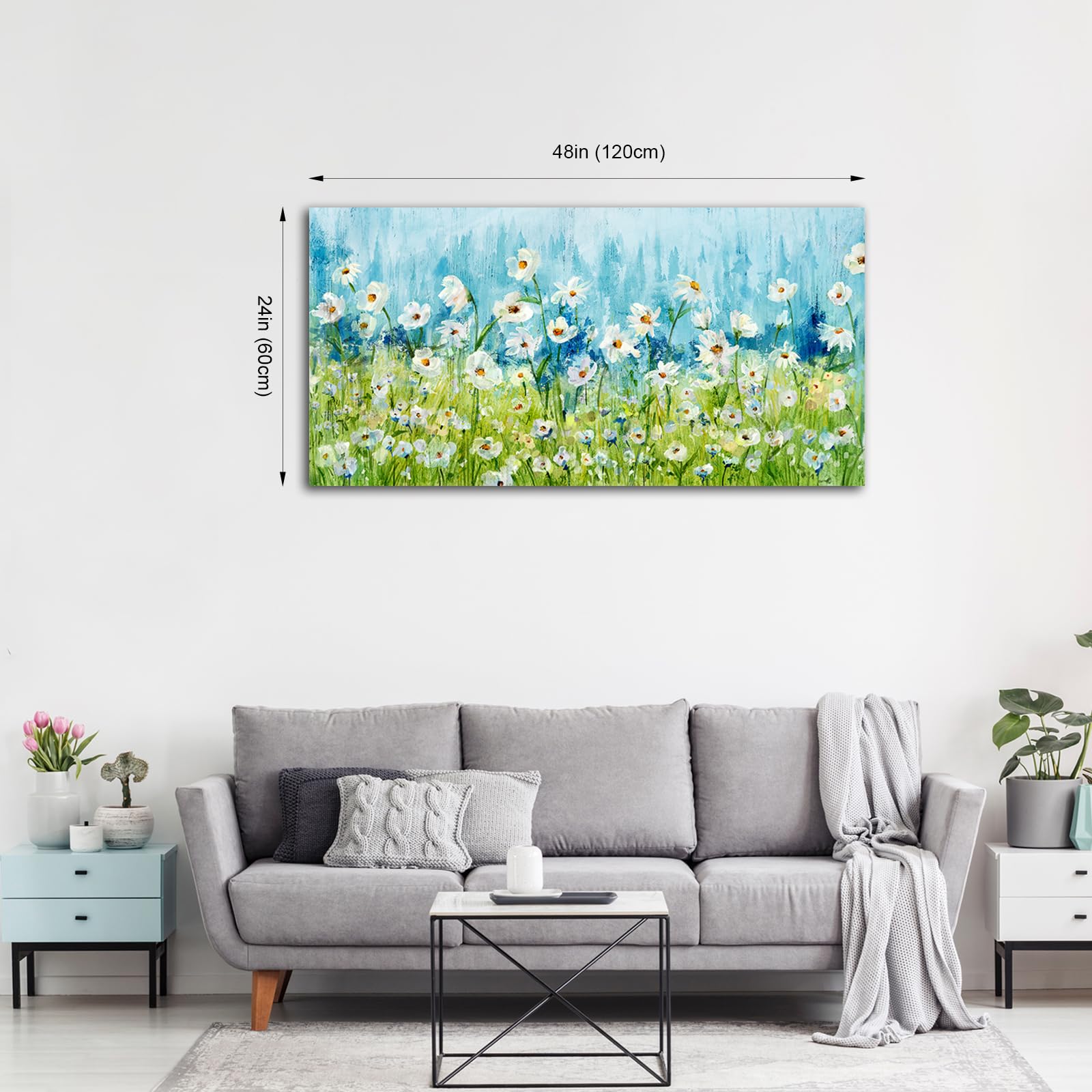 Blue Daisy Floral Canvas Wall Art - 24x48 Inch Framed Abstract Flower Painting with Green Grass Landscape - Modern Home Decor for Living Room, Bedroom, Kitchen & Office | Perfect Gift for Housewarming & Interior Design