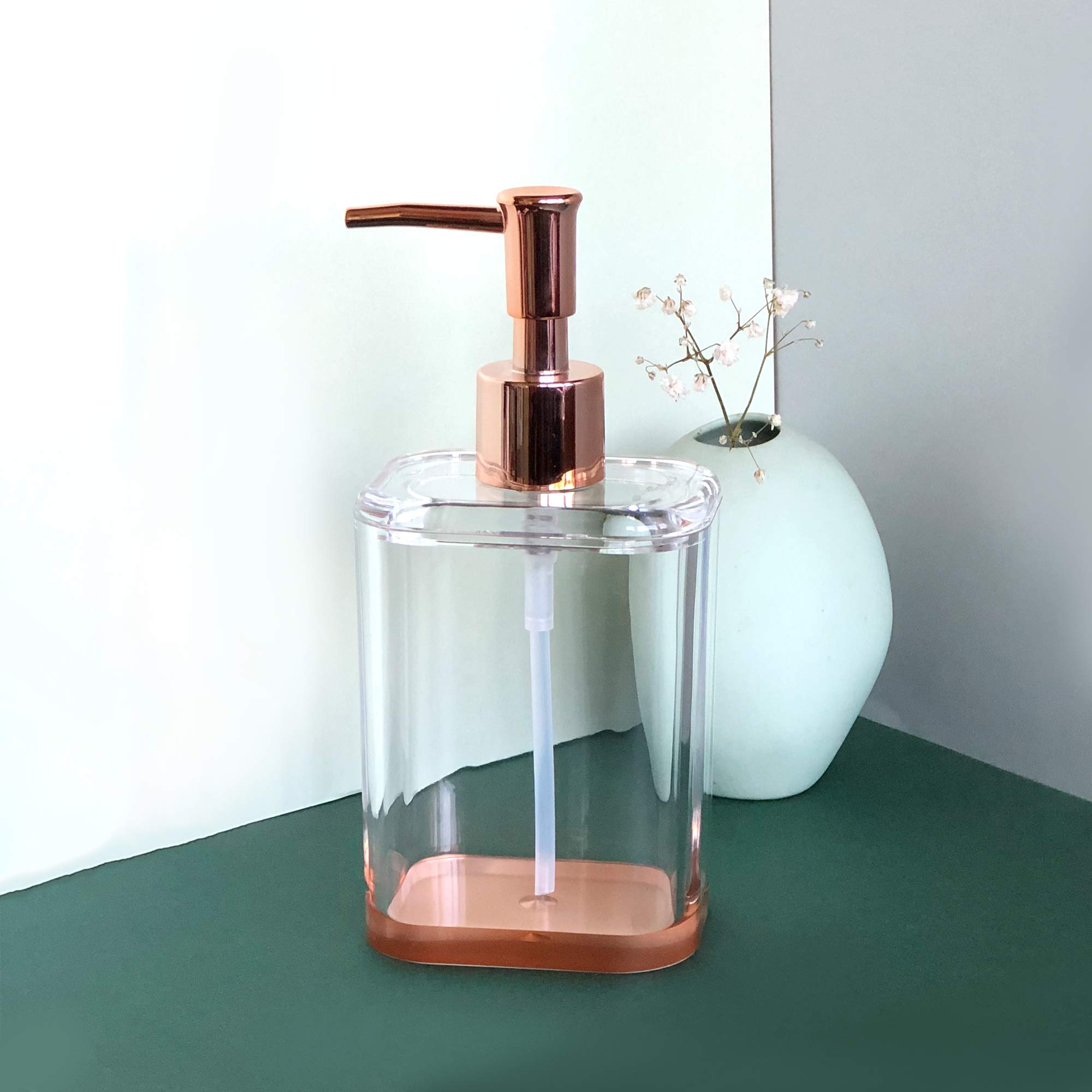 Premium Acrylic Soap Dispenser Set - Modern Bathroom Accessories for Liquid Soap & Lotion - Rose Gold/Clear Countertop Dispenser - Perfect for Home, Spa, and Guest Bathroom Decor