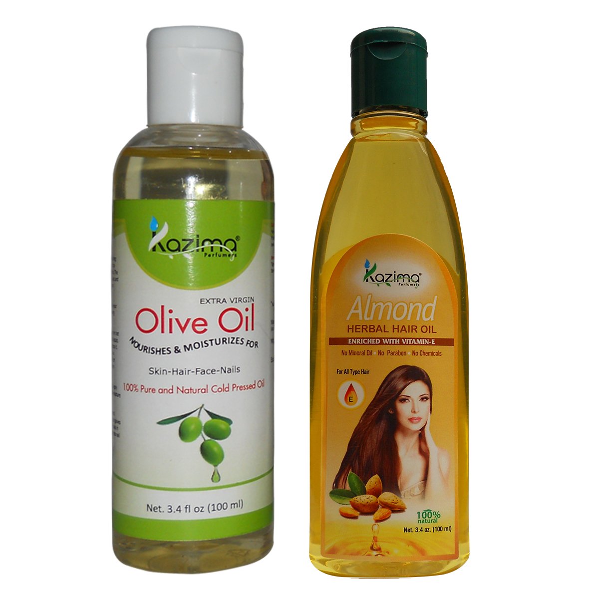 KAZIMA Olive Oil & Almond Herbal Hair Oil Combo Set (100ml Each) - Natural Hair Fall Control & Repair Treatment for Stronger, Healthier Hair - Perfect for Daily Hair Care & Scalp Massage