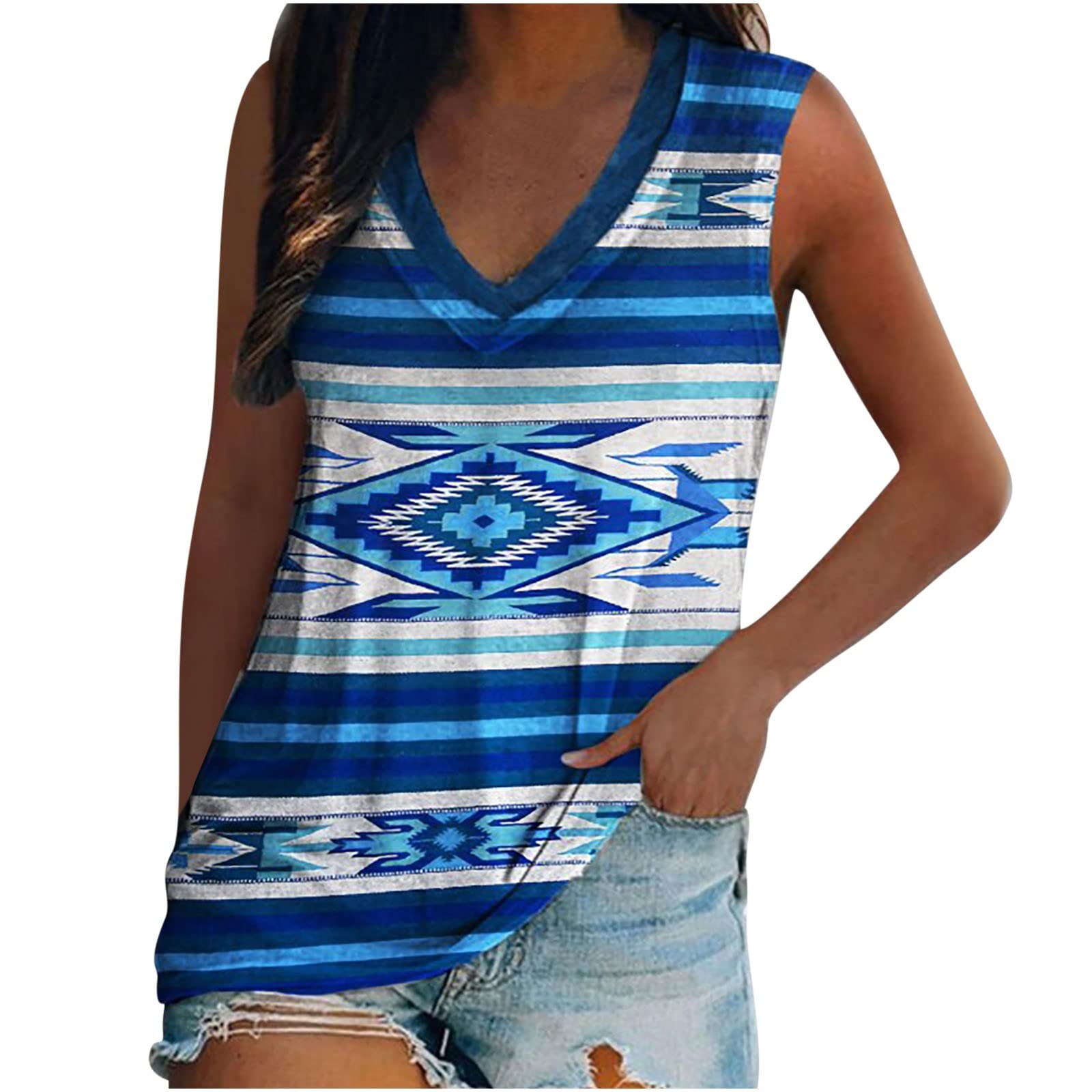 Floral Print V-Neck Sleeveless Tank Top for Women - Gym, Casual & Dressy Outfits - Dark Blue Floral Pattern - Perfect for Workouts, Summer Wear & Layering