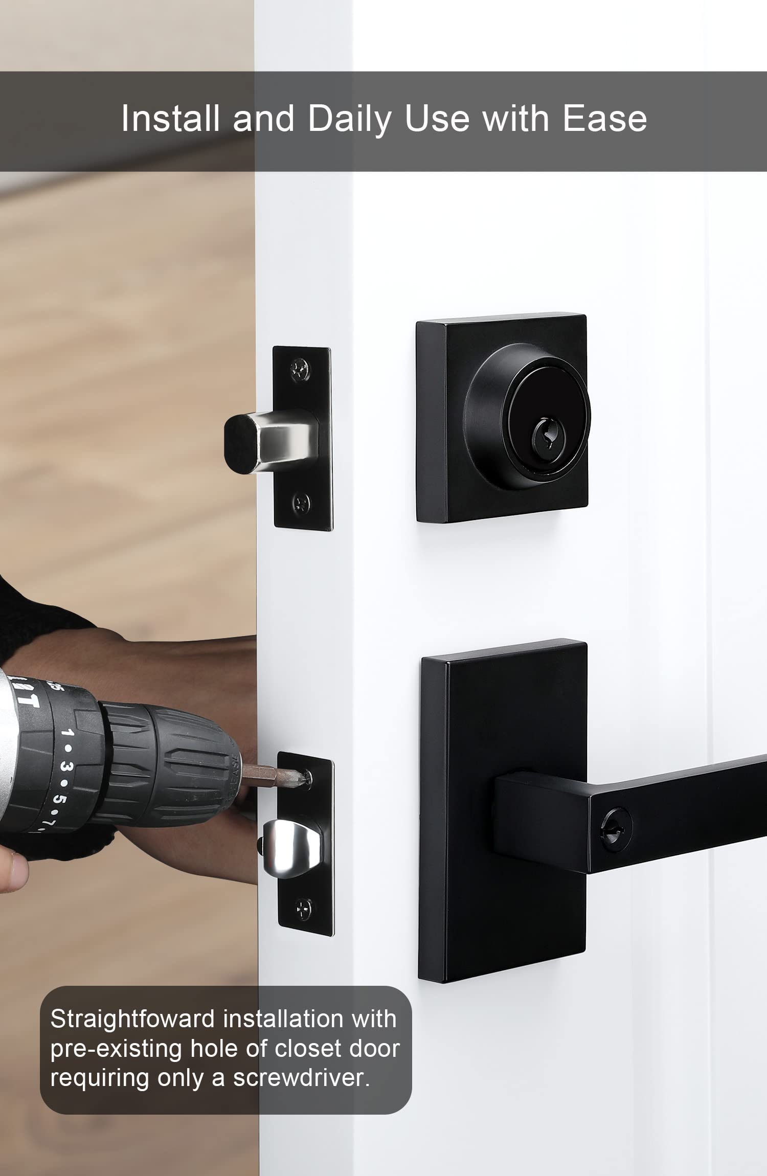 GoldenWarm Matte Black Square Door Handle with Deadbolt - Heavy Duty Zinc Alloy Exterior Entry Lock Set (1 Pack) - Perfect for Modern Homes, Apartments & Office Security