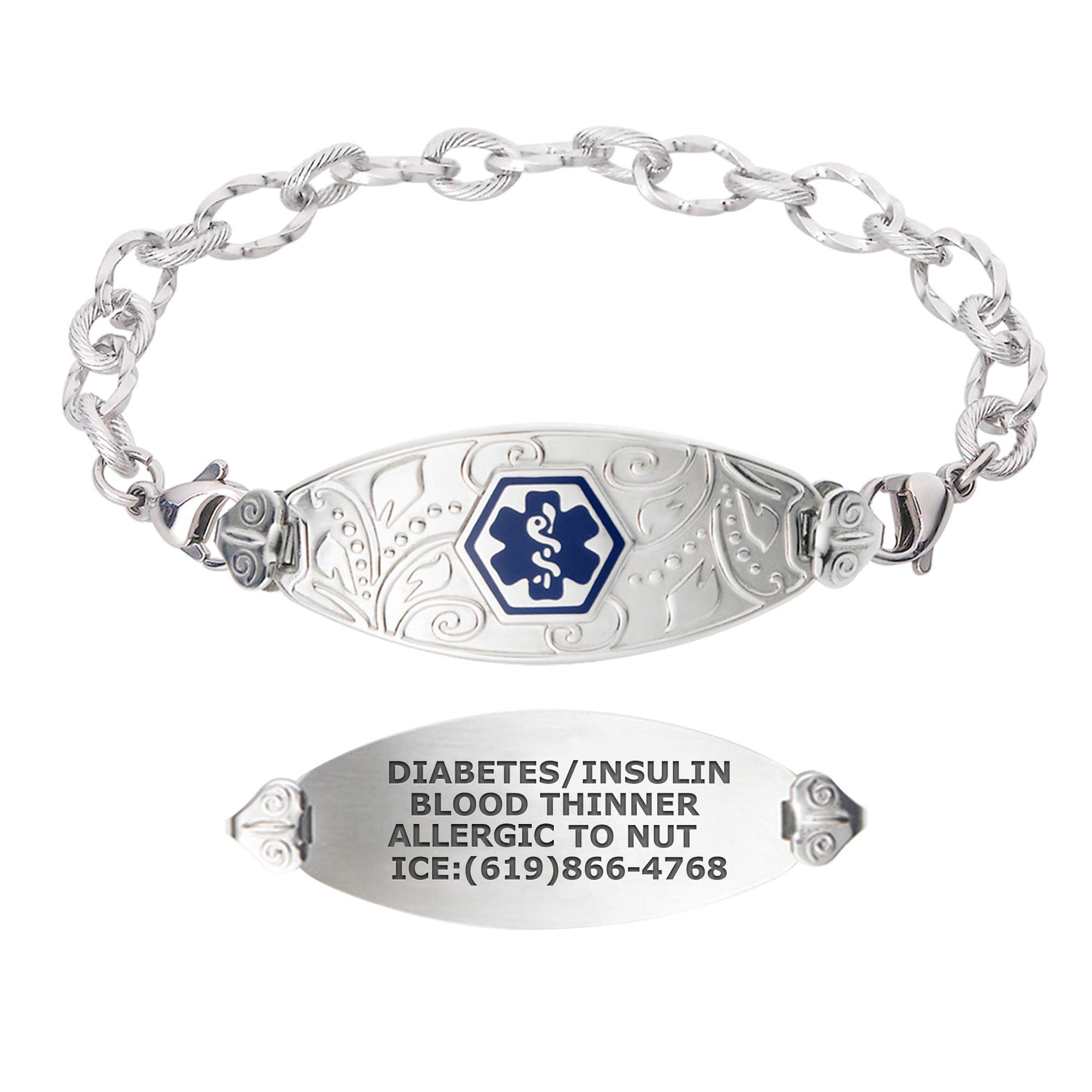Divoti Custom Engraved Medical Alert Bracelets for Women - Stainless Steel Medical ID Bracelet with Free Engraving - Elegant Filigree Design with Ridged Tag (Multiple Colors & Sizes Available) - Perfect for Diabetes, Allergies & Emergency Medical Identification