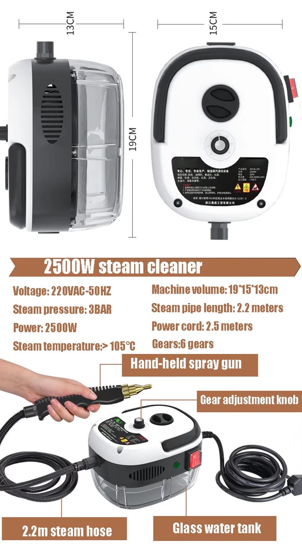 2500W High Pressure Steam Cleaner for Kitchen & Household - 3BAR Electric Handheld Steamer with Nozzles for Oil Stain Removal, 6 Speed Settings - Perfect for Deep Cleaning Floors, Tiles, Grout, Appliances & Car Interiors