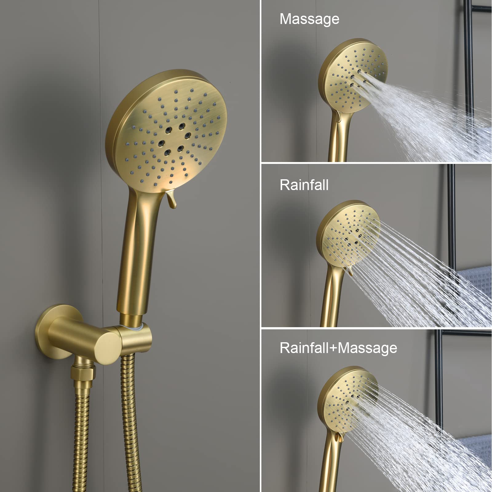 Luxury Wall Mounted Shower System with High Pressure Rainfall Shower Head & 3-Setting Handheld Spray - Brushed Gold Bathroom Faucet Mixer Set with Pressure Balance Valve - Perfect for Master Bathroom, Spa-Like Shower Experience