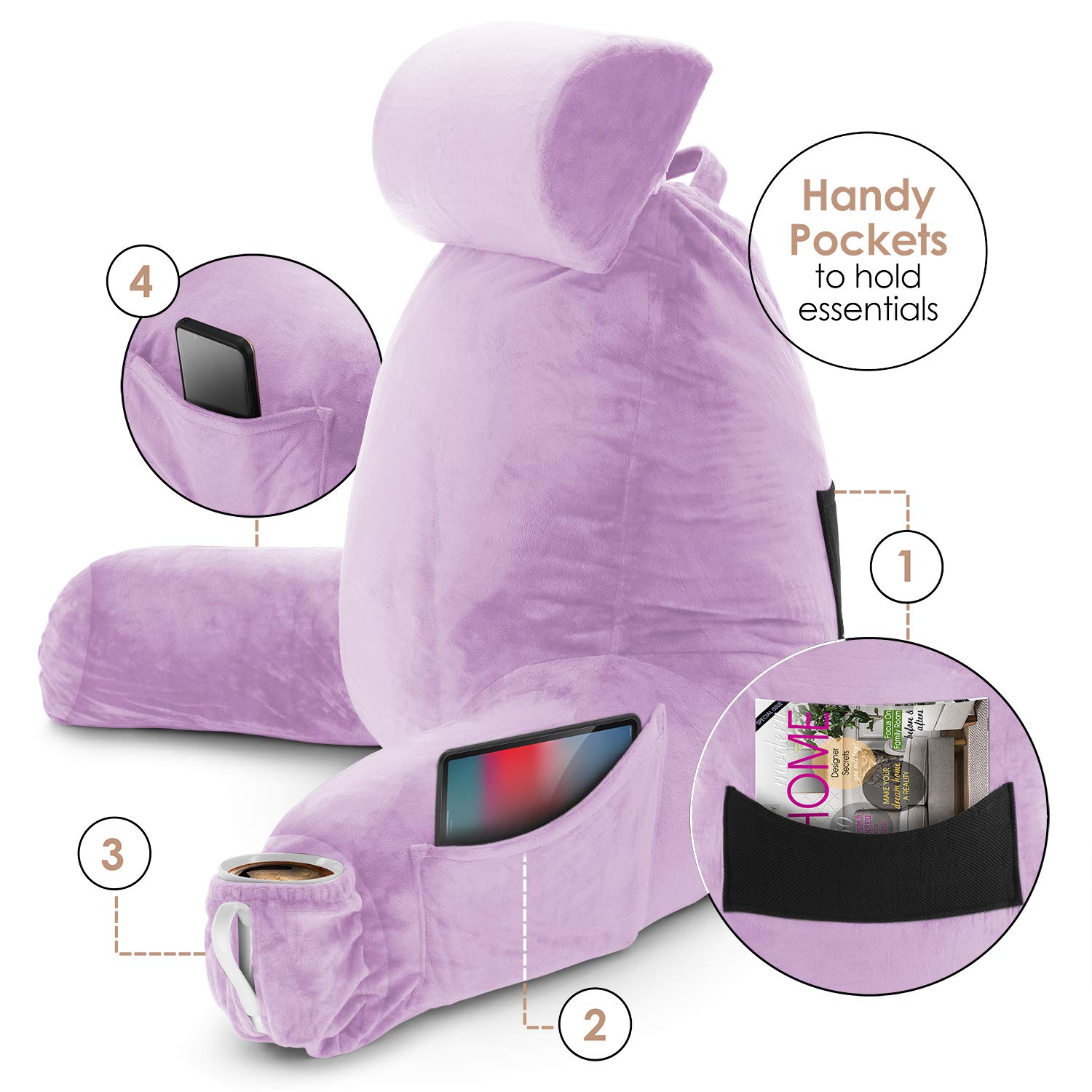 **Clara Clark Memory Foam Reading Pillow for Adults – Large Back Support Pillow with Arms & Pockets – Lavender Sit-Up Pillow for Bed, Sofa & Floor – Perfect for Reading, Watching TV, or Relaxing**