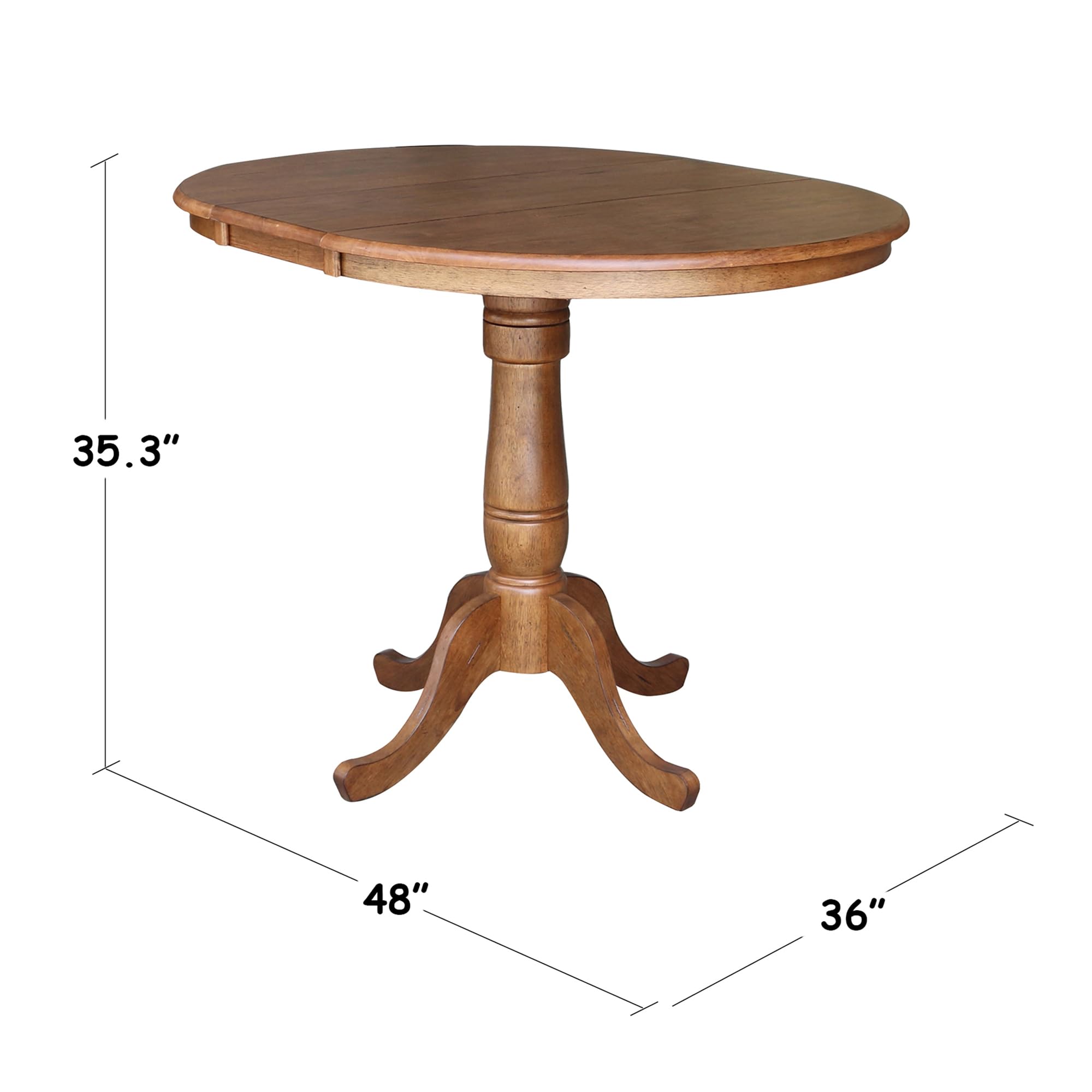 IC International Concepts 36-Inch Round Pedestal Dining Table with 12-Inch Leaf, Adjustable Height 35.3 Inches - Distressed Oak Finish - Perfect for Small Spaces, Kitchens, Apartments & Dining Rooms - Space-Saving Expandable Table for Family Meals & Entertaining