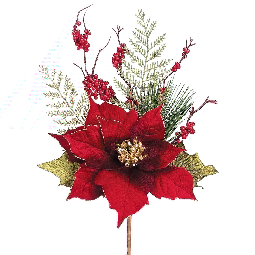 17 Glittered Artificial Velvet Poinsettia, Berry & Pine Stem Picks - Burgundy/Green (Pack of 12) - Christmas Decorations for Home, Party, Tree & Holiday Centerpieces
