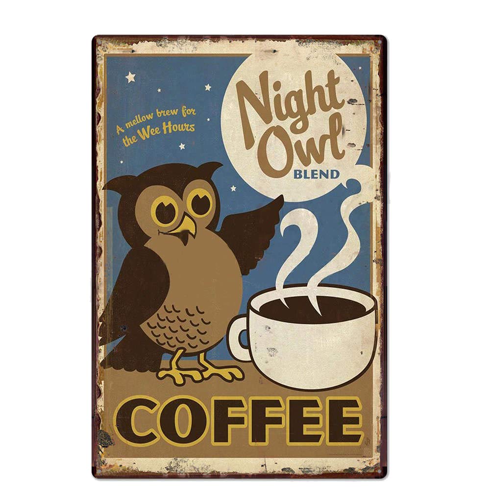 Vintage Iron Wall Plaque - Retro Coffee Shop Tin Metal Sign Artwork for Home & Cafe Decor | Night Owl Coffee Themed Tinplate Wall Art | Perfect for Coffee Corner, Bar, Restaurant & Office Decoration