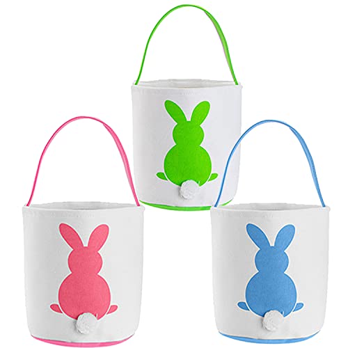 3 Pack Easter Bunny Basket Egg Bags for Kids - Easter Burlap Tote Gift Baskets with Handle for Egg Hunt - Canvas Rabbit Bags with Fluffy Tails - Perfect for Easter Party Decorations & Spring Celebrations