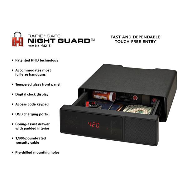 Hornady Rapid Safe Night Guard Digital Clock with Biometric Fingerprint Lock - Secure Handgun Storage for Bedside, Home & Office Safety