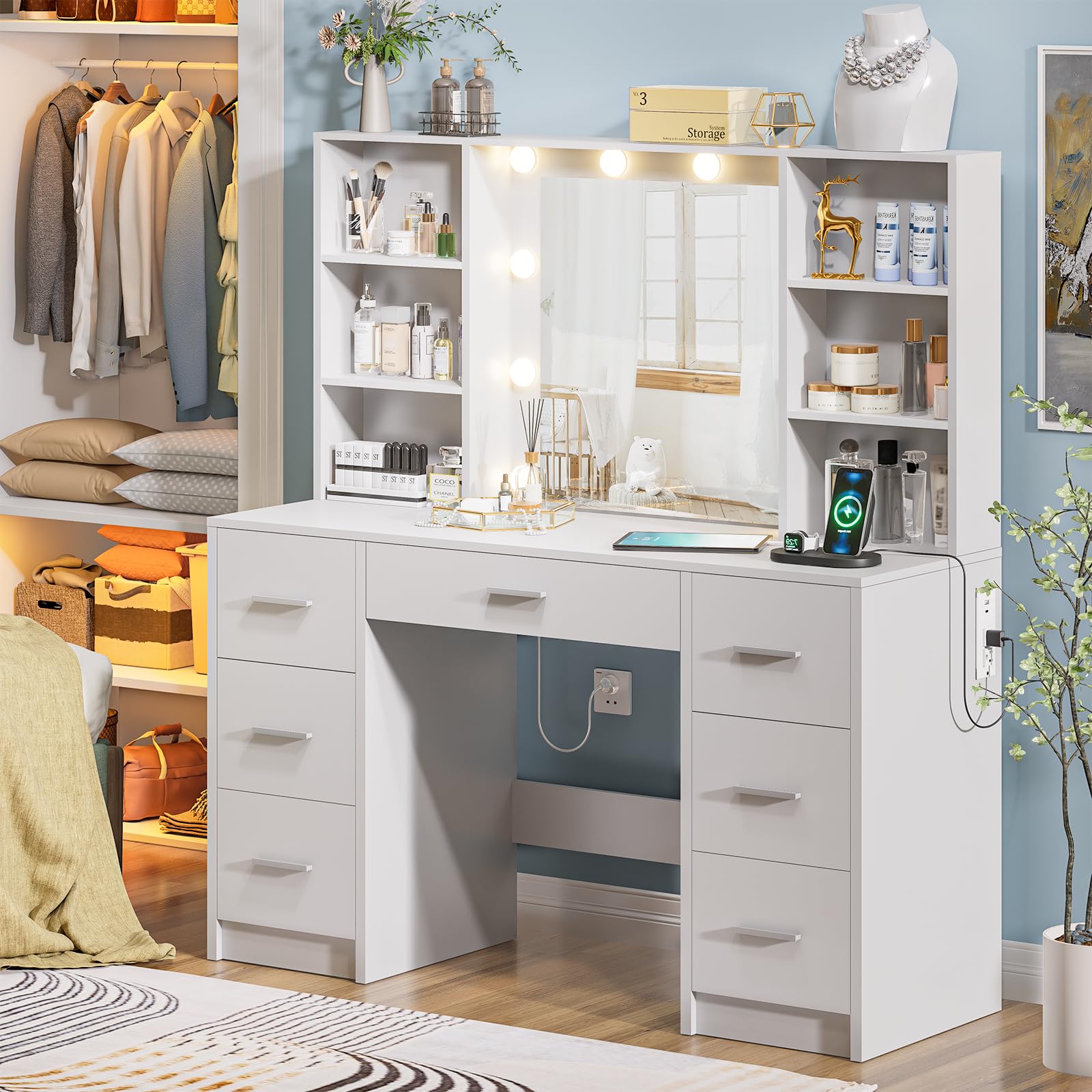 Large Vanity Desk with Mirror & 10 LED Lights - Makeup Dressing Table with Power Outlet, 7 Drawers & 6 Storage Shelves - 3 Lighting Modes - White Vanity Table for Bedroom, Home Decor & Beauty Room Organization