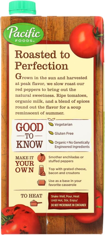 Pacific Natural Organic Creamy Roasted Red Pepper & Tomato Soup - 24 Pack (32 Oz Each) | Vegan, Gluten-Free Soup for Quick Meals, Camping & Emergency Food Storage