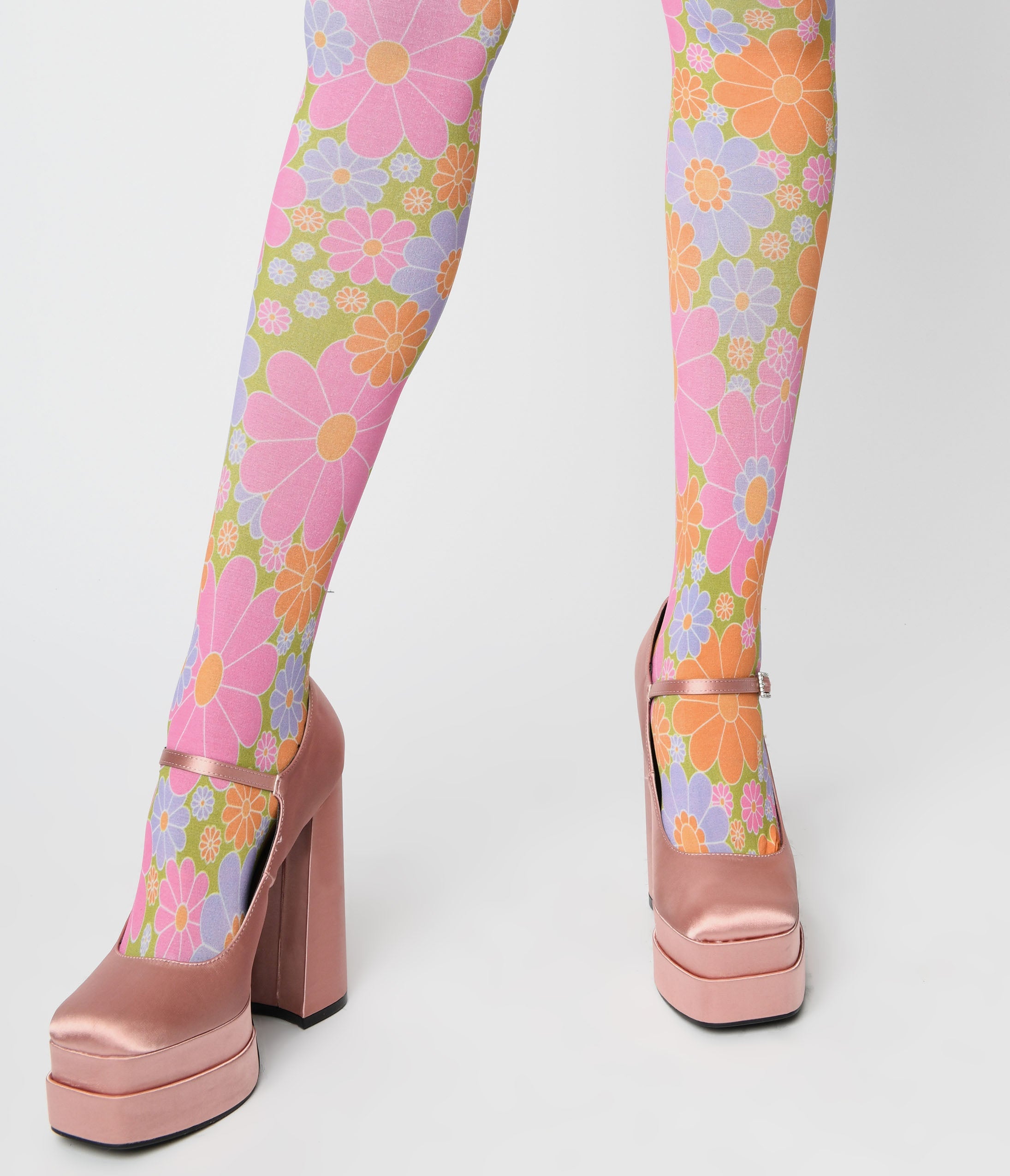 Vintage 1960s Pink & Green Flower Power Tights by Smak Parlour - Retro Fashion Tights for Women, 60s Hippie Style, Halloween Costume & Dance Performance