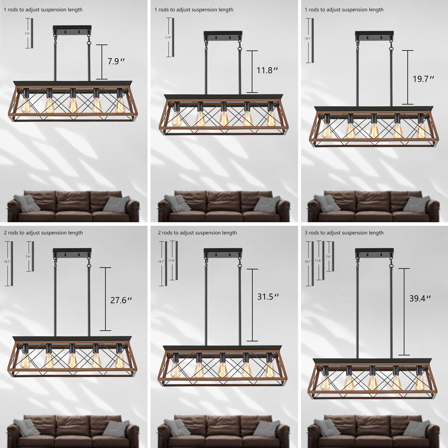 Farmhouse Kitchen Island Lighting - 5-Light Rustic Rectangular Chandelier (31.5 Inch) - Walnut Finish Dining Room Pendant Light for Kitchen, Breakfast Nook, Pool Table & Game Room Lighting
