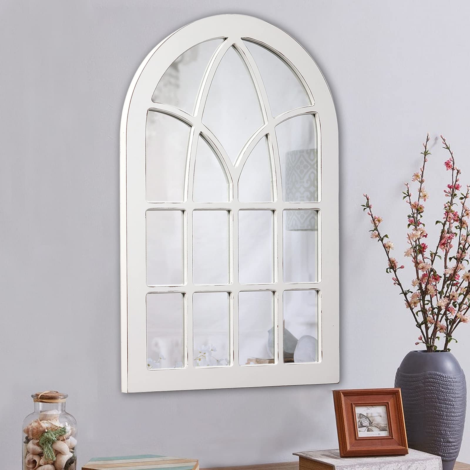 Farmhouse Large Arched Window Pane Mirror - 36 x 24 Inch Rustic White Wall Decor - Cathedral Style Wood Mirror for Living Room, Bedroom, Entryway & Bathroom - Perfect for Farmhouse, Vintage & Boho Home Decor