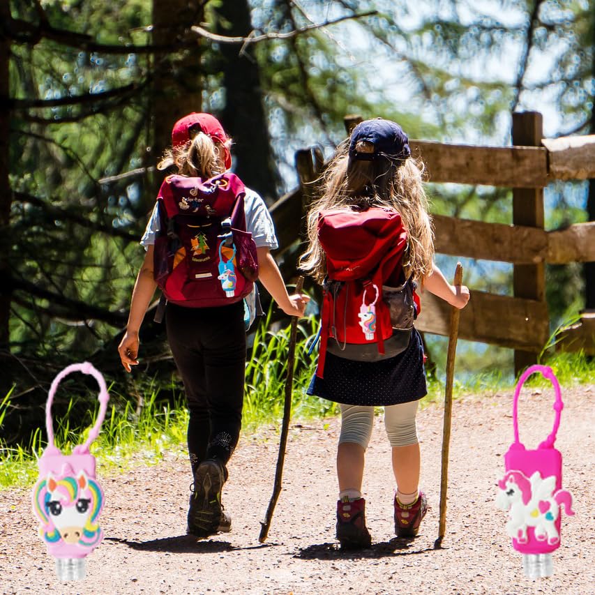 4Pcs Unicorn Kids Travel Bottles Set - Leak Proof Refillable Toiletries Containers with Detachable Hand Sanitizer Holder & Silicone Case | Cute Cartoon Empty Bottles for Shampoo, Lotion, Soap | Perfect for School, Vacation, Camping Trips