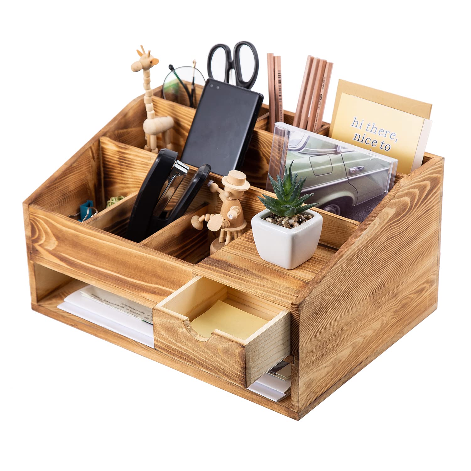 Wooden Desk Drawer Organizer Set with File Holder & Pen Tray - Office & Home Desk Organization for Calculators, Scissors, Pens, Notes - Baked Finish (Perfect for Workspace Decluttering & Productivity Boost)