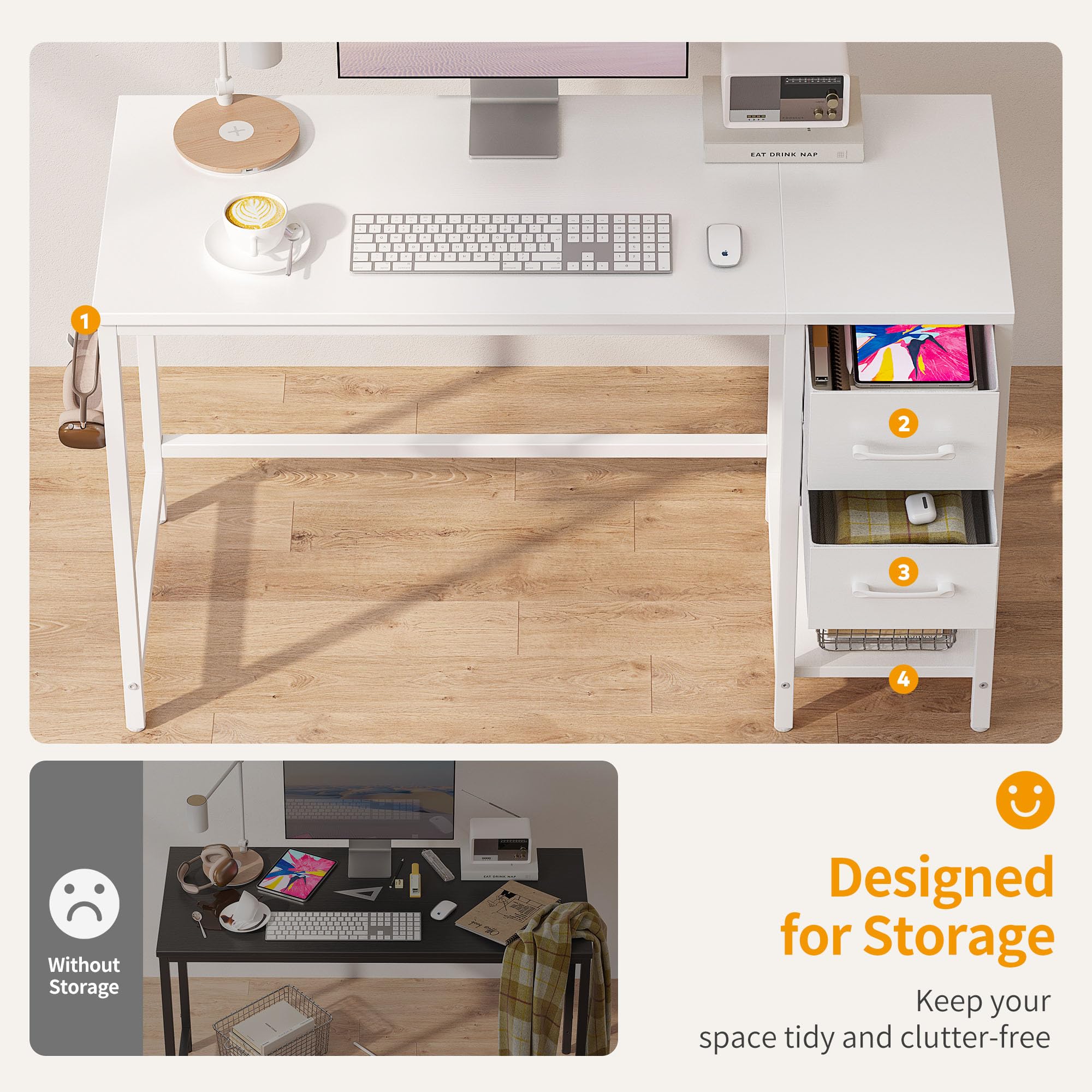 CubiCubi 40 Inch Small Computer Desk with 2 Drawers - Compact Home Office Desk, Study Writing Table for Small Spaces, White - Perfect for Home Office, Dorm Room & Apartment Workspace