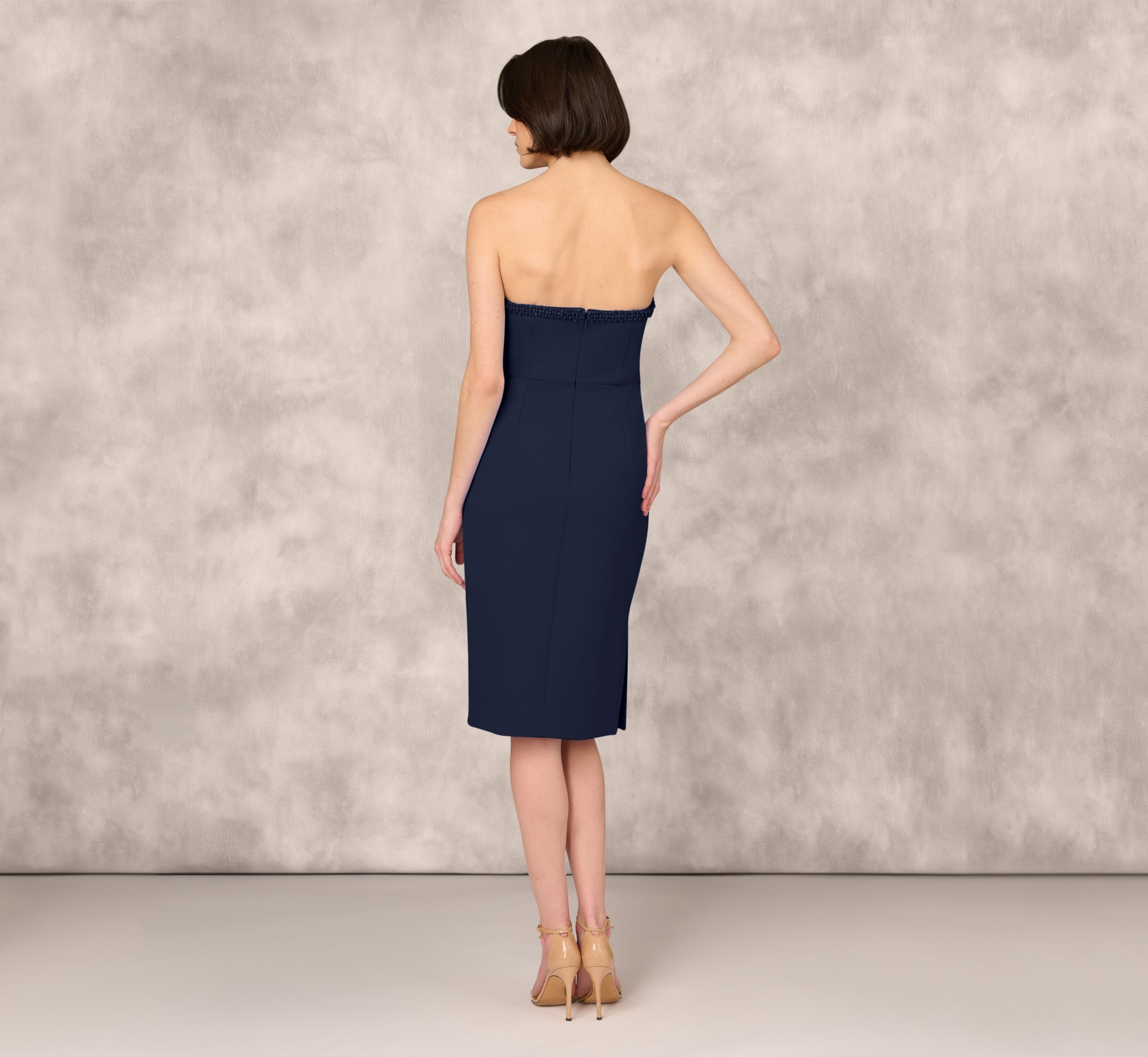 Strapless Bonded Crepe Midi Dress with Beaded Notch Neckline in Twilight - Elegant Evening Gown for Cocktail Parties, Weddings & Date Nights