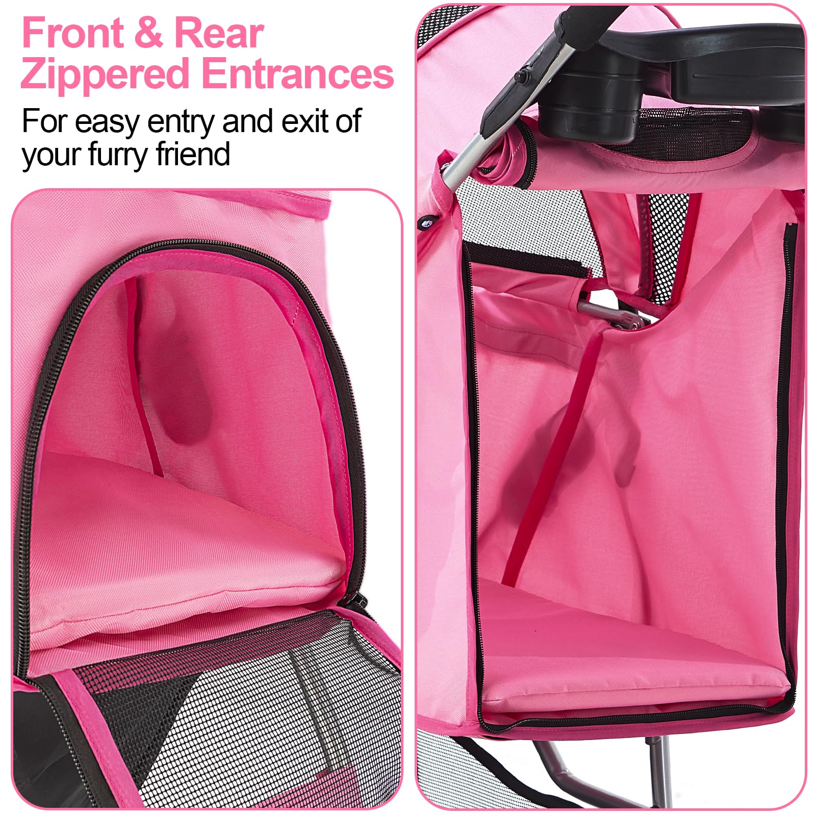 Premium 3-Wheel Pink Pet Stroller for Small Dogs & Cats - Lightweight Folding Design with Storage Basket & Cup Holder - Perfect for Jogging, Shopping & Outdoor Adventures