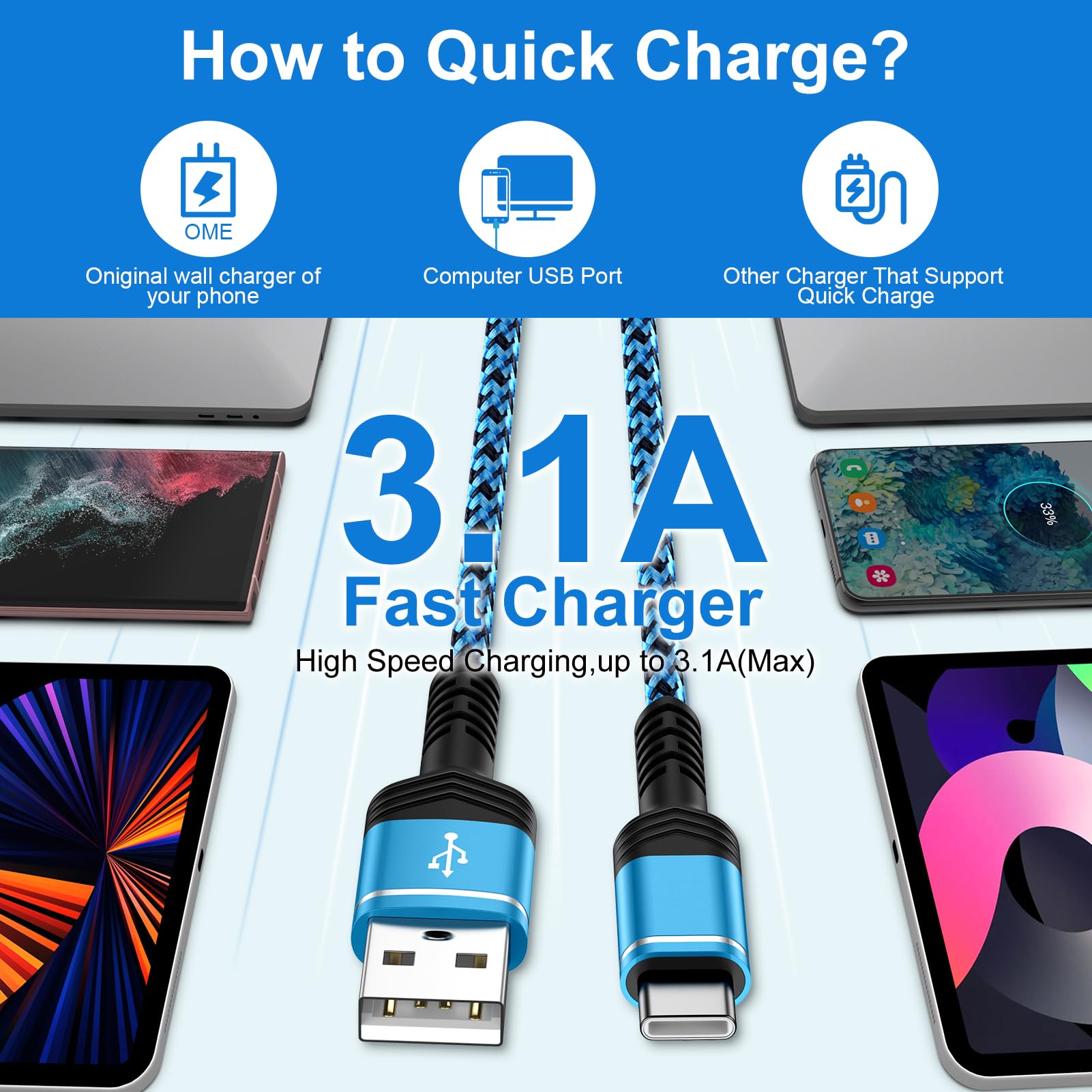 Samsung A15 5G Fast Charging Cable 6FT 2-Pack, 3.1A USB-A to USB-C Charger Cord for Samsung Galaxy A16/A35/A55/S24 Ultra/S23 FE/A25/A14/A54/A13/S22/S21 & iPhone 15 Pro Max/Plus - Perfect for Home, Office, and Travel Charging