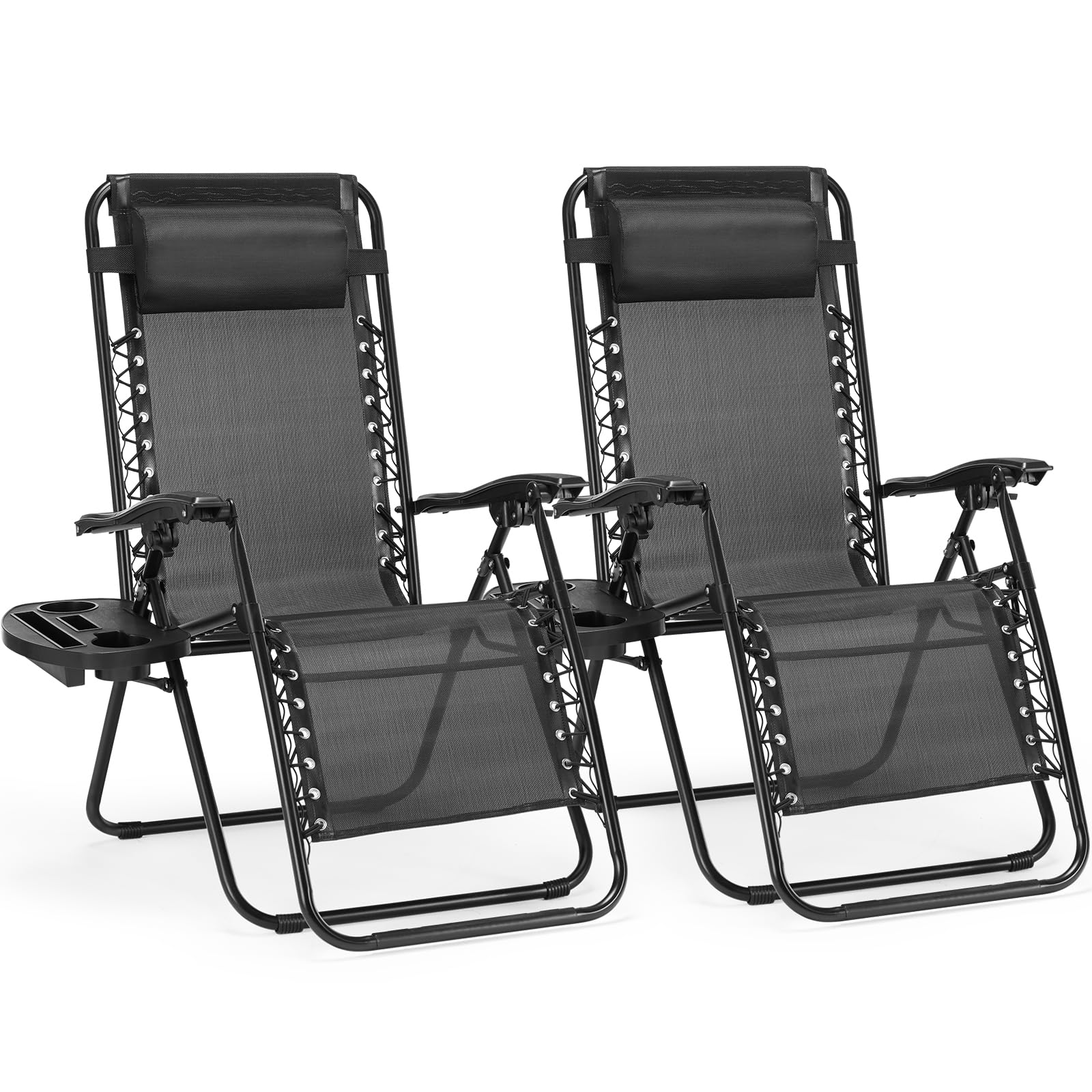 Sweetcrispy Zero Gravity Chairs Set of 2 - Portable Reclining Lounge Chairs for Outdoor Relaxation with Cup Holder & Adjustable Headrest - Perfect for Beach, Camping, Patio, Poolside, Garden, Backyard and Lawn (Black) - Ideal for Sunbathing, Reading and Stargazing