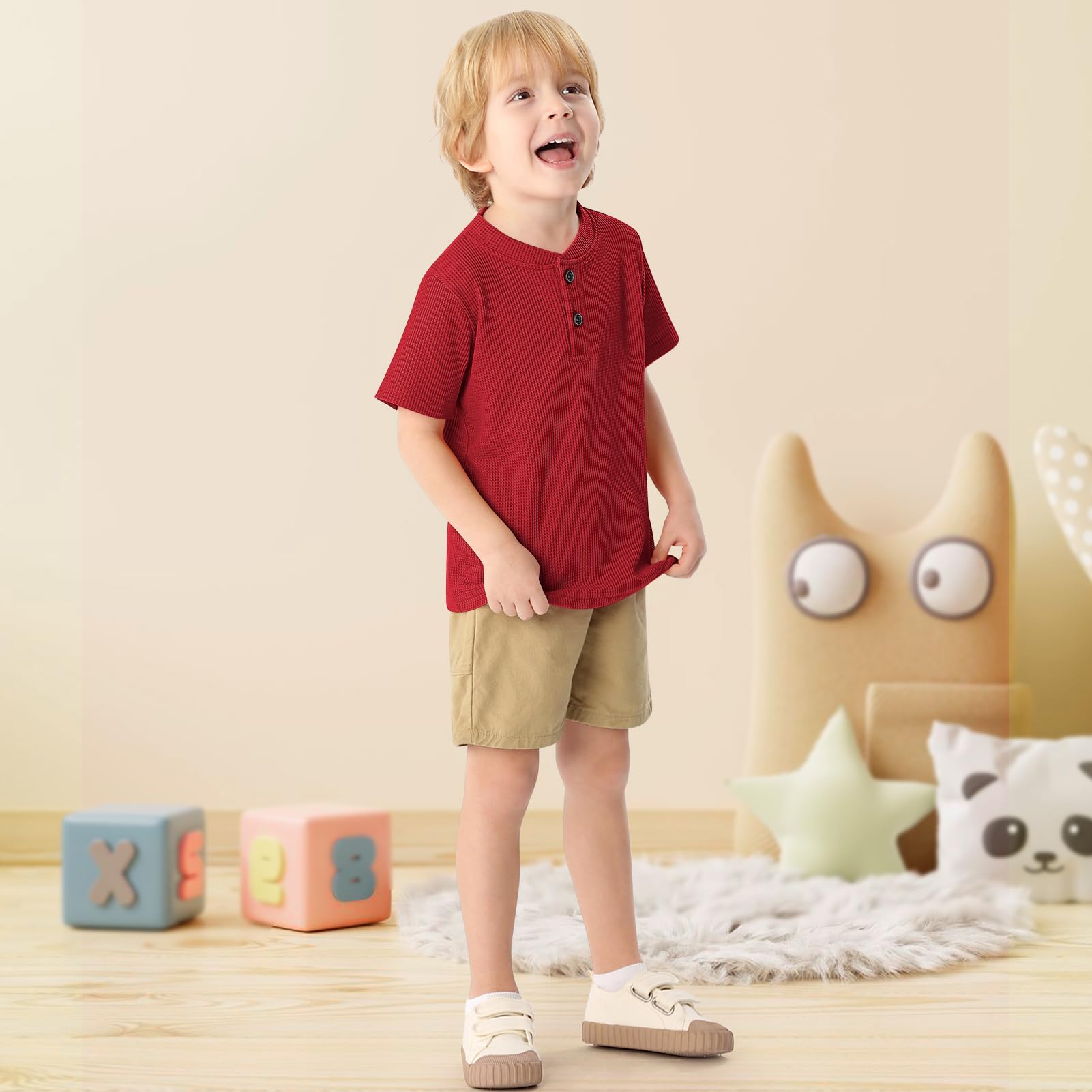 XMWEALTHY Baby Boys' 2-Pack Waffle Knit Short Sleeve Henley Shirts - Soft Cotton Toddler Tops for Playdates & Everyday Wear