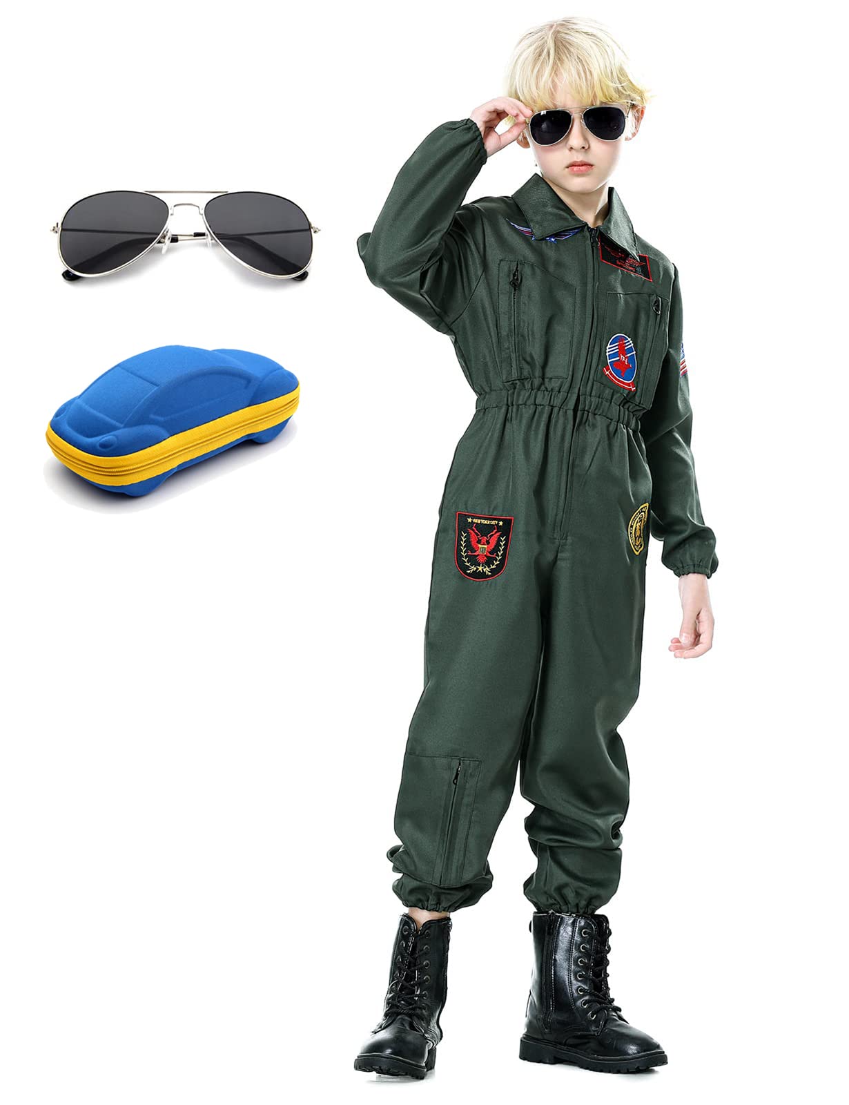 Men's Military Pilot Jumpsuit Costume - Air Force Fighter Pilot Suit with Sunglasses & Case for Halloween, Cosplay, and Role Play | Kids & Adults