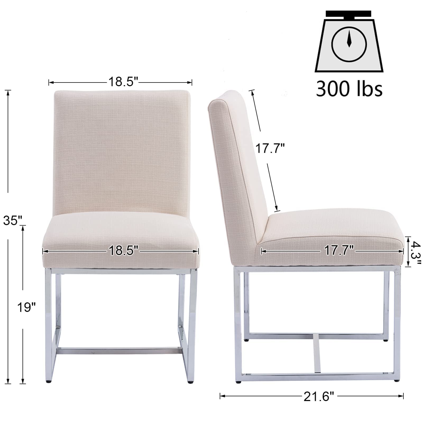 Mid Century Modern Dining Chairs Set of 2 - Cream Linen Upholstered Kitchen & Dining Room Chairs with Polished Chrome Metal Frame | Perfect for Small Spaces, Breakfast Nooks & Contemporary Dining Rooms
