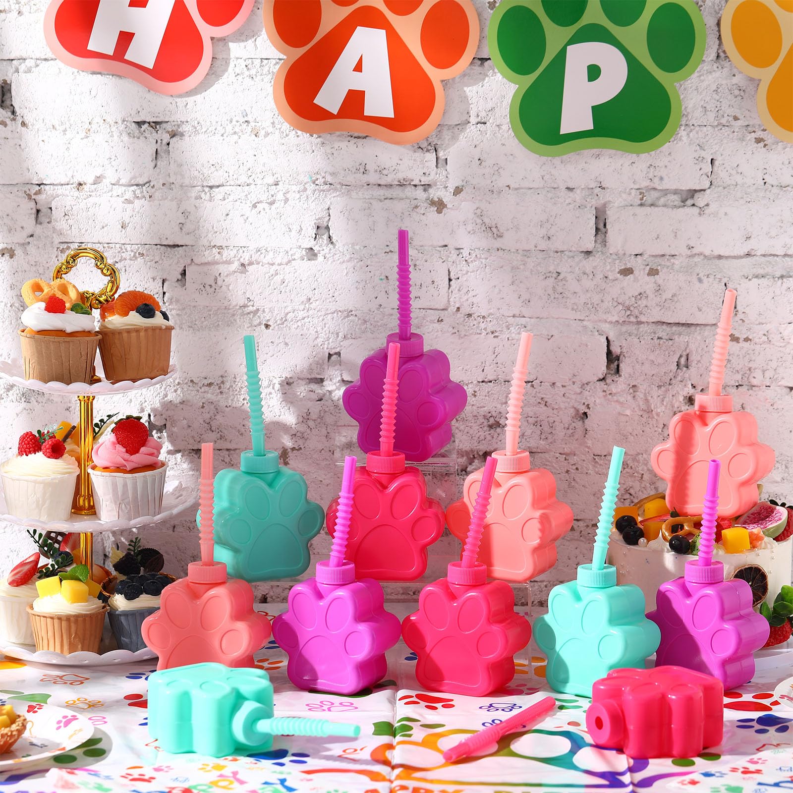 Bulk 24-Pack Sratte Dog Paw Print Plastic Cups 10 oz with Lids - Cute Puppy Theme Straw Cups for Pet Birthday Parties, Dog Lover Gifts & Kids Party Decorations | Perfect for Puppy Showers, Dog-Themed Events & Birthday Celebrations