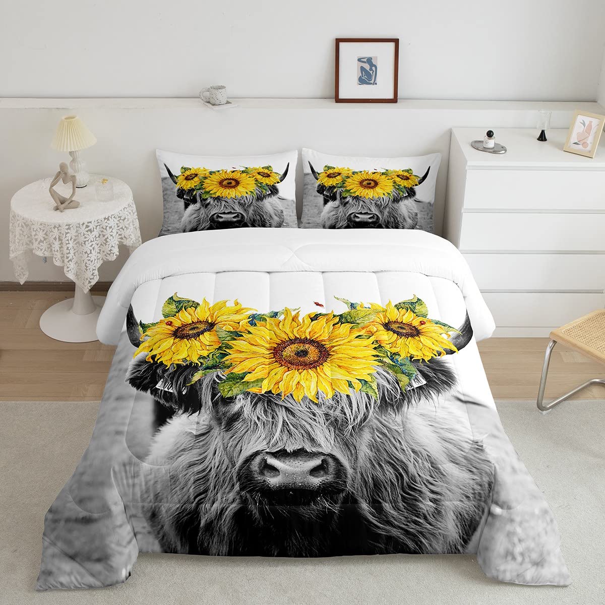 Manfei Highland Cattle Comforter Set - Yellow Sunflowers Rustic Twin Size Duvet Cover with Pillowcase | Funny Farm Animal Print All-Season Bedding for Kids & Teens | Cozy Hamish Themed Room Decor for Farmhouse, Nursery or Dorm Room