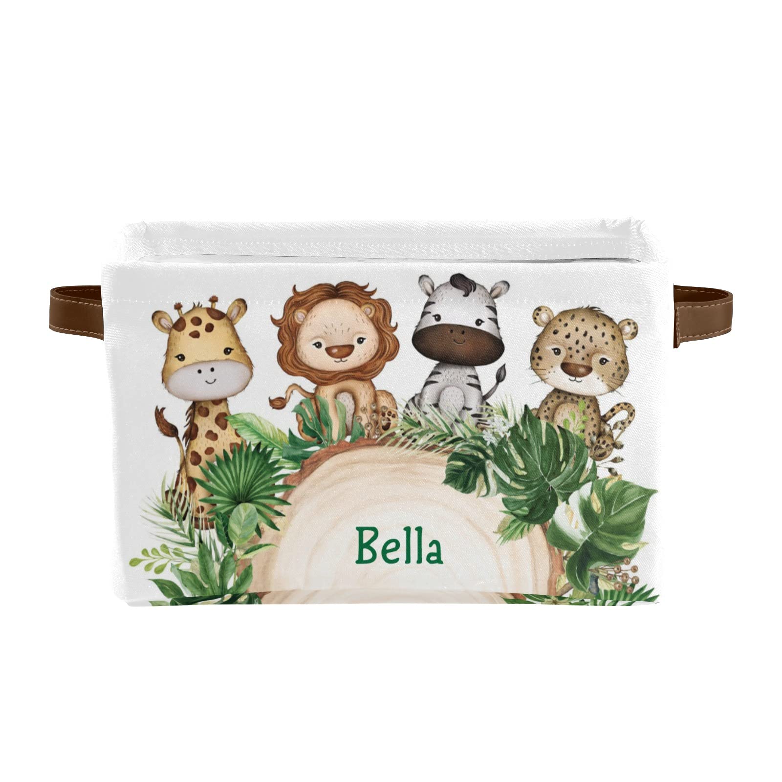 Personalized Giraffe Lion Tiger Canvas Storage Bins with Name - 2 Pack Nursery Closet Organizers with Leather Handles for Baby Room, Bathroom & Office Storage Solutions