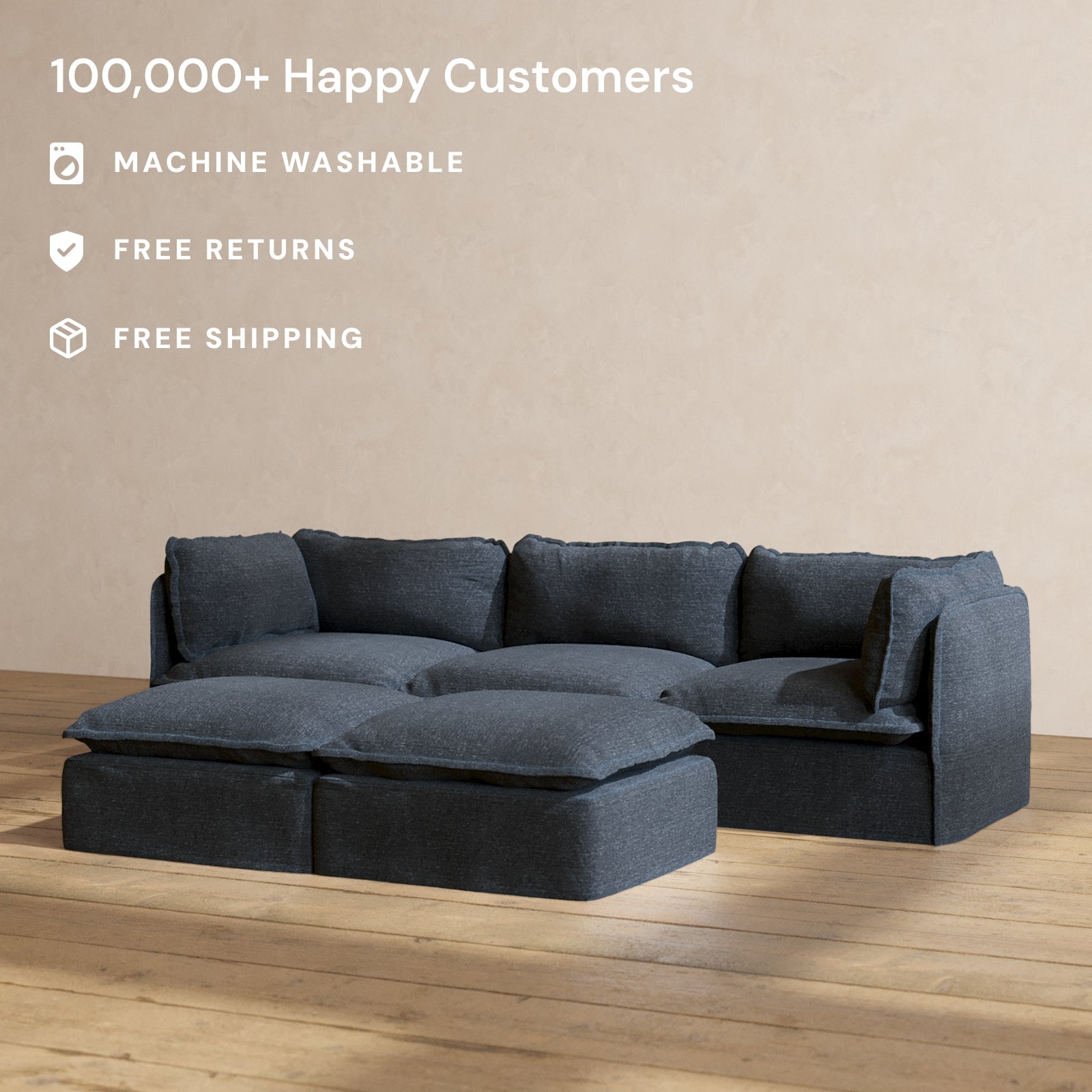 Premium Modular Performance 3-Seater Sofa with Ottoman Bench in Indigo Blue | Ultra Soft Relaxed Blend Fabric | Perfect for Living Room, Lounge & Home Theater Seating