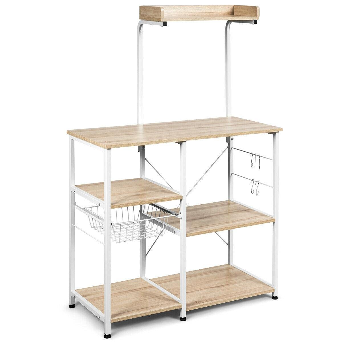 4-Tier Stainless Steel Kitchen Baker's Rack with Microwave Stand, Storage Basket & 5 Hooks - Heavy Duty Rolling Cart with Lockable Wheels for Baking, Cooking & Small Appliance Storage - Perfect for Kitchen, Pantry or Garage Organization