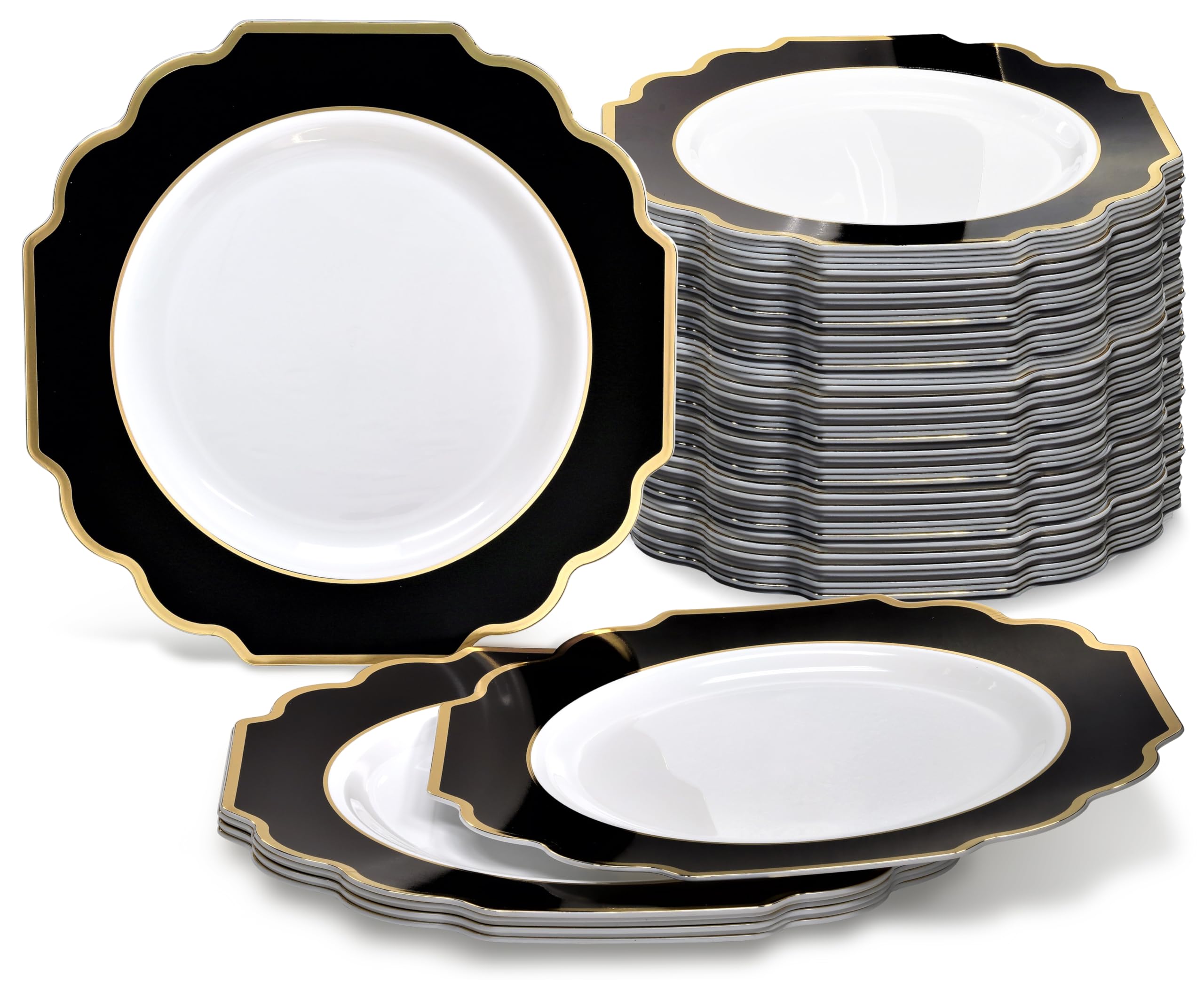 240 Heavyweight Disposable Plastic Plates for Weddings & Parties - 10.5'' Dinner Plates in Elegant White, Black & Gold | Perfect for Formal Events, Bridal Showers & Anniversary Celebrations