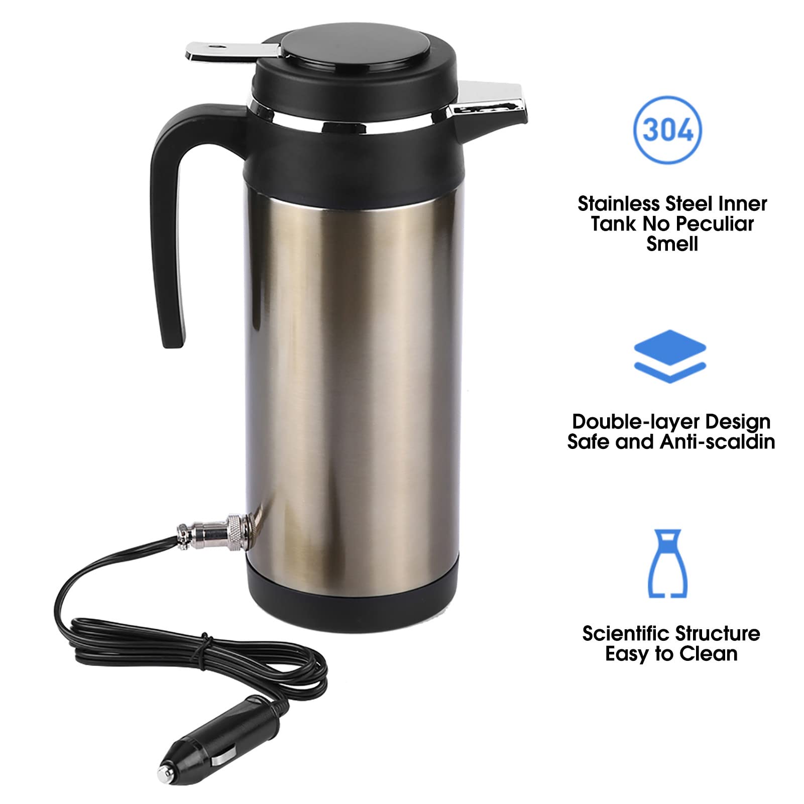 Acouto 12V Car Electric Kettle 1000ML Stainless Steel Portable Travel Kettle - Fast Heating Water Bottle for Coffee, Tea & Baby Formula - Perfect for Road Trips, Camping & Office Use