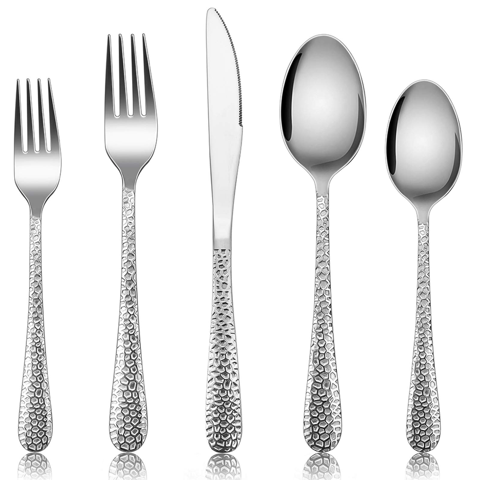 Hammered Silverware Set for 4 - E-far 20-Piece Stainless Steel Flatware Cutlery Set with Knives, Forks, Spoons - Modern Mirror Polished Design - Dishwasher Safe - Perfect for Dinner Parties, Weddings & Everyday Dining