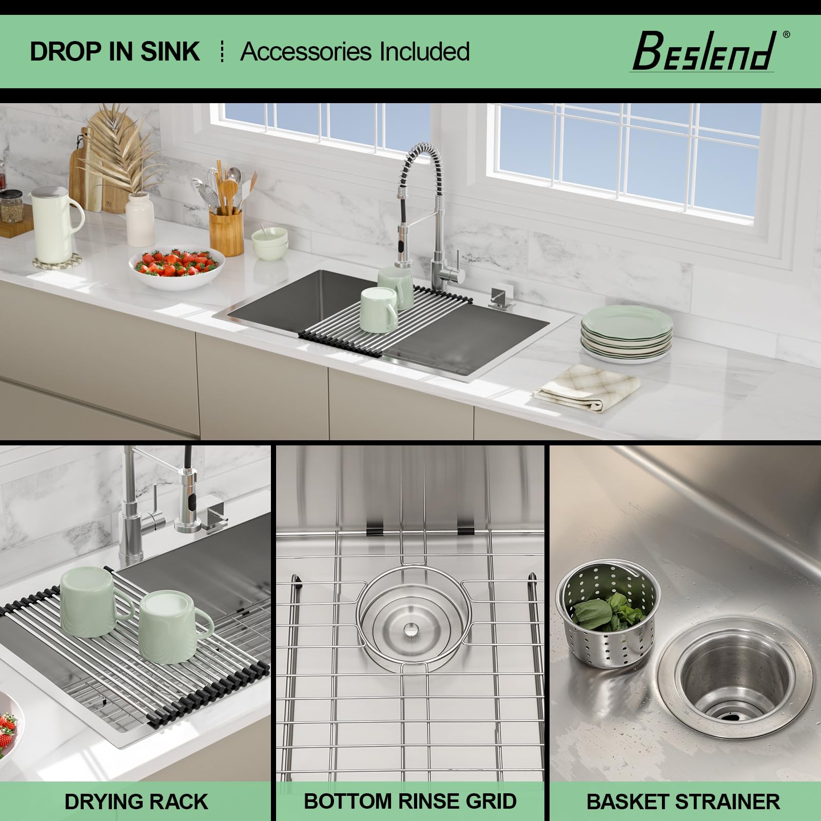 33x22 Inch Drop-In Kitchen Sink - Beslend 16 Gauge Stainless Steel Single Bowl Topmount Sink, Handmade for Durability | Perfect for Modern Kitchens, Restaurant Prep & Busy Households