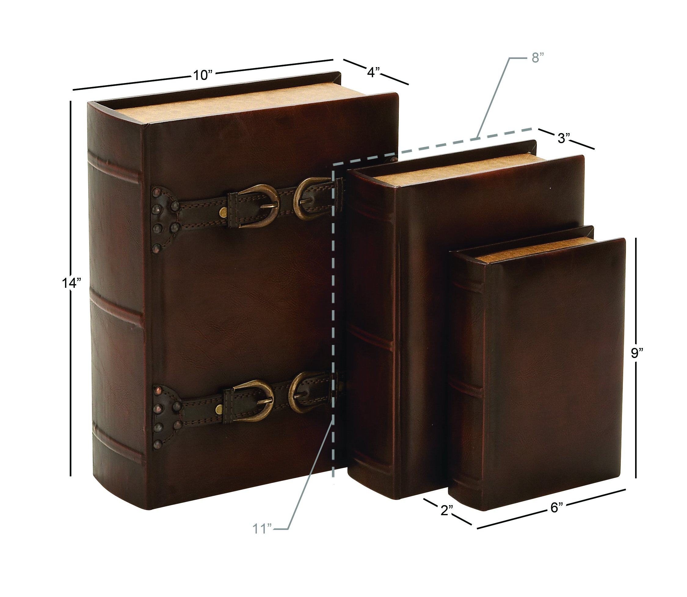 Deco 79 Set of 3 Wooden Decorative Storage Boxes - Faux Leather Book-Shaped Keepsake Boxes in Brown (14