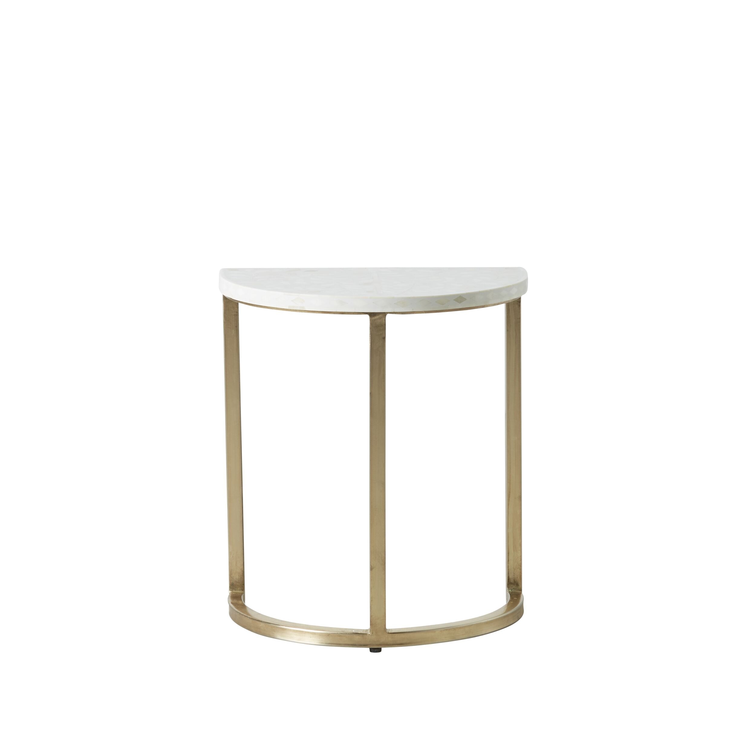 Handcrafted Bone Inlay Half Moon Side Table with Gold Frame - 17.3