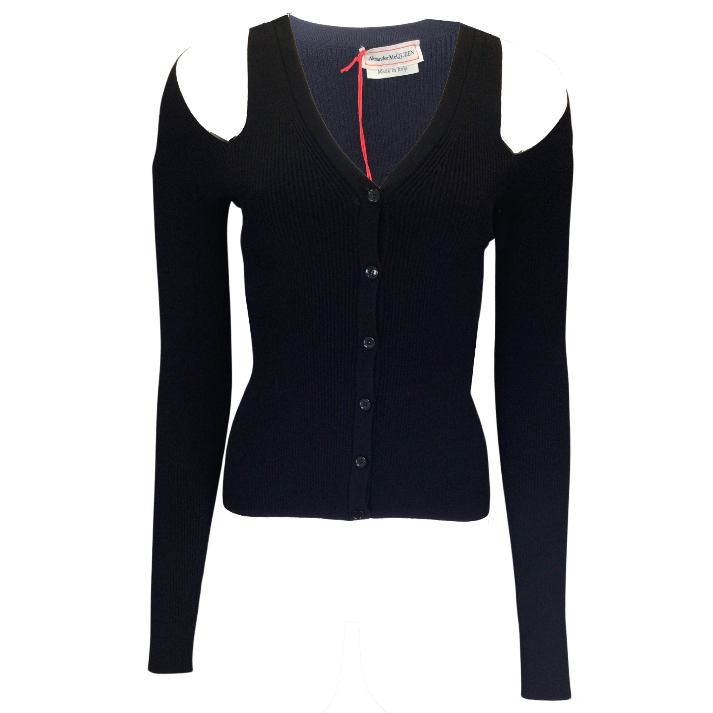 Alexander McQueen Black 2022 Cut Out Detail Ribbed Knit Cardigan Sweater for Women - Stylish Fall Winter Fashion Layering Piece for Office & Evening Outfits